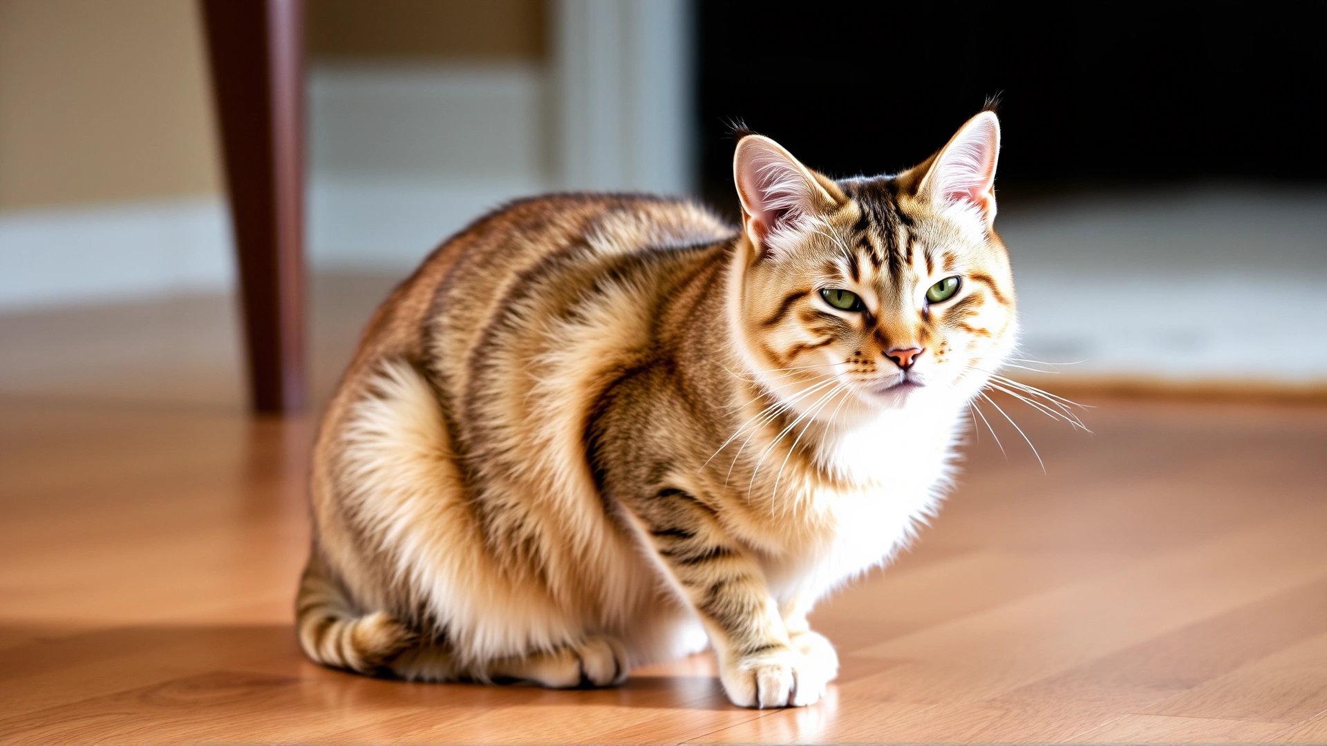 Domestic short-hair cat sitting on a hardwood floor, noticeable noisy breathing with chest movement, ears slightly back, captured in natural indoor light.
