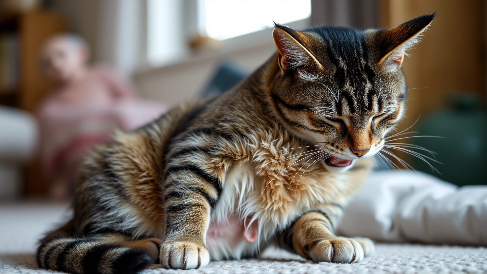 A male tabby cat sitting and licking its lower abdomen/scrotal region, home environment, soft lighting