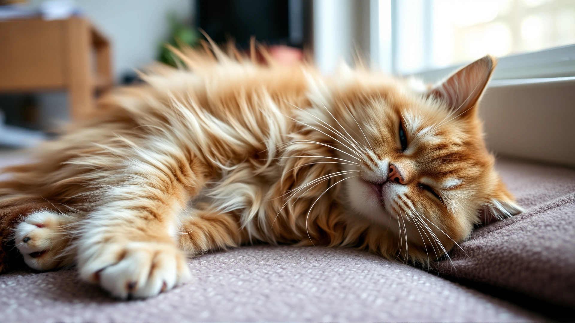 Domestic long-haired cat lying on its side at home, looking uncomfortable with slight abdominal distention.