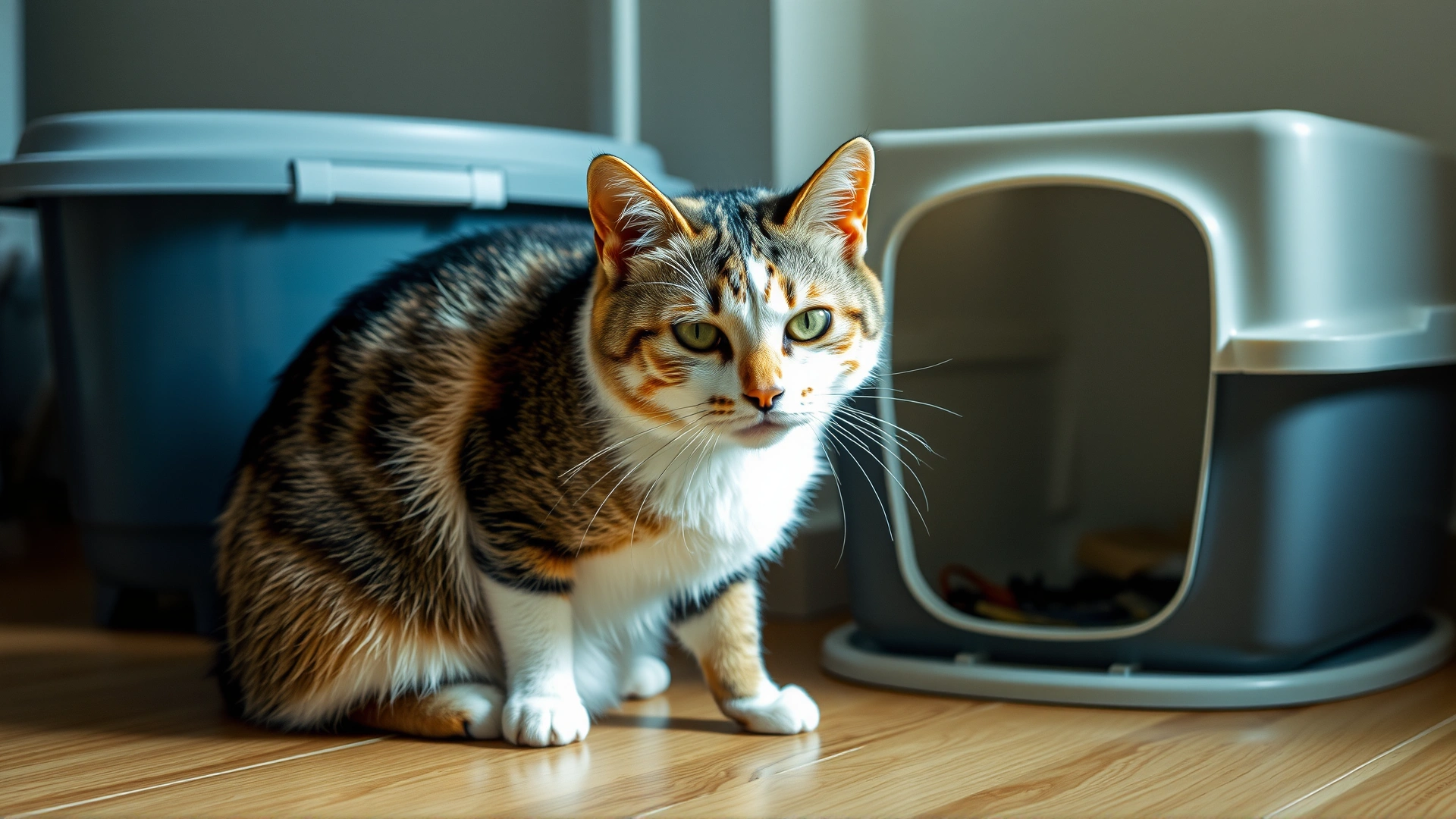 Indoor photo of a slightly underweight cat looking lethargic beside an untidy litter box, suggesting digestive problems.