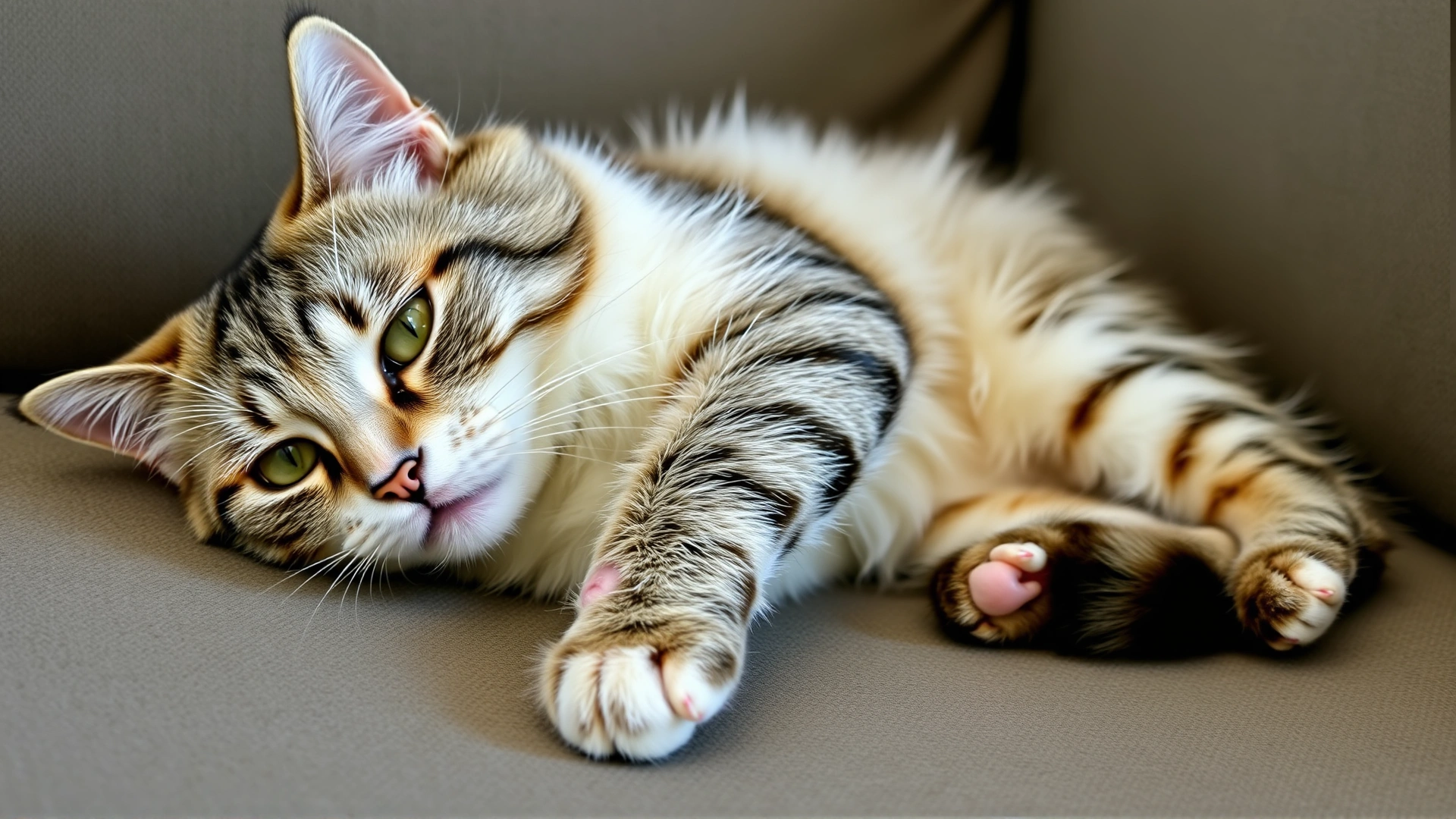 Domestic cat lying on a couch with subtle swelling in its paws and a worried expression, illustrating early signs of edema.