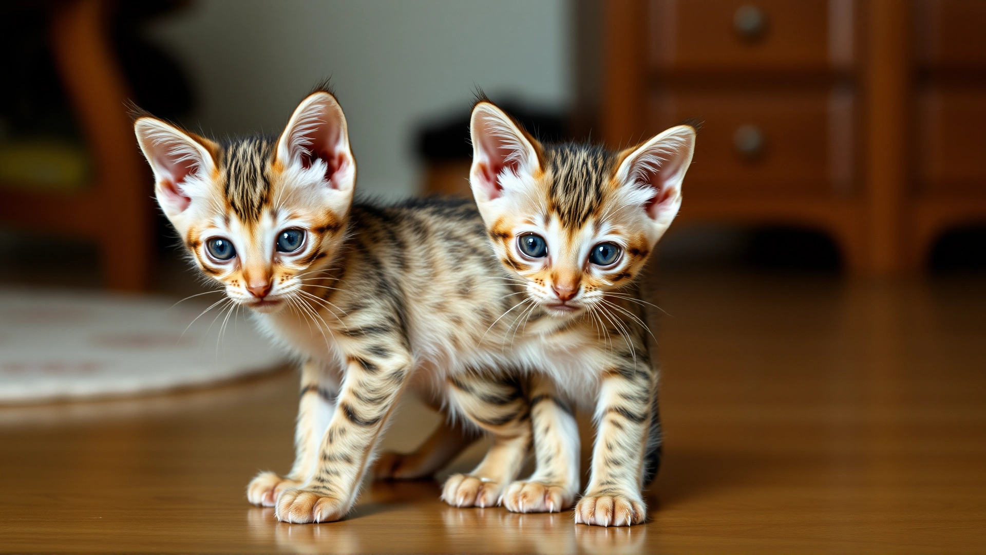 Photo of a small, underdeveloped kitten standing next to a normally sized littermate to visually contrast growth stunting symptoms, natural home setting.