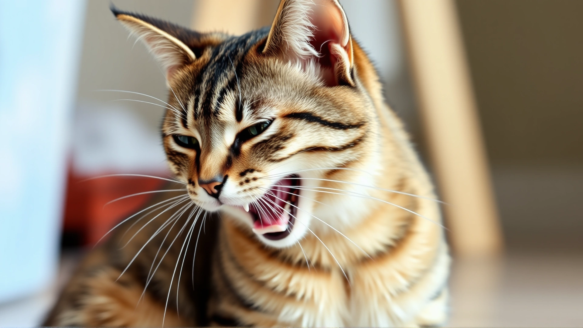 Short-haired tabby cat sitting with mouth open and breathing heavily, showing signs of respiratory distress