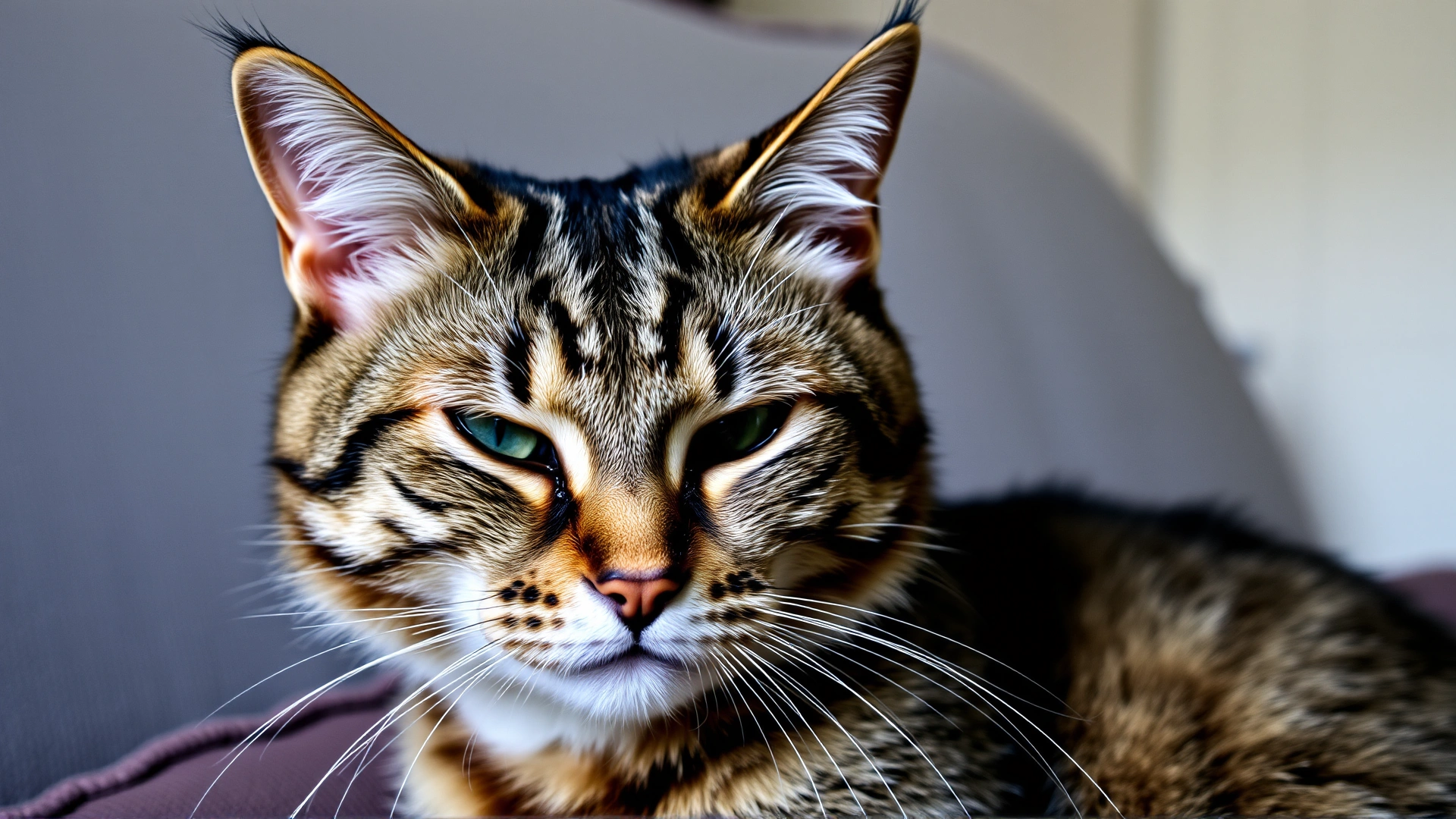 Tabby cat squinting with noticeable discharge around one eye while sitting on a couch