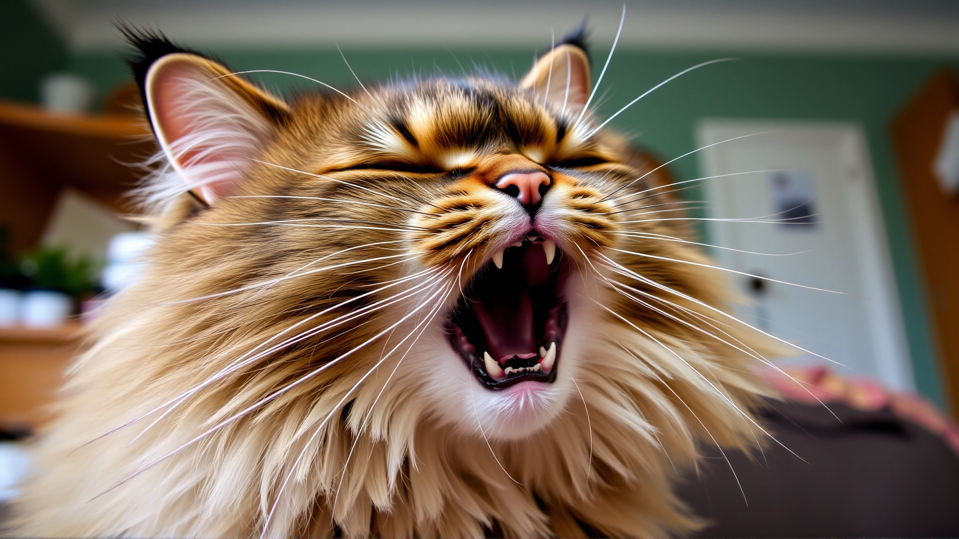 Domestic long-haired cat sneezing with visible nasal discharge in a home setting, captured mid-sneeze