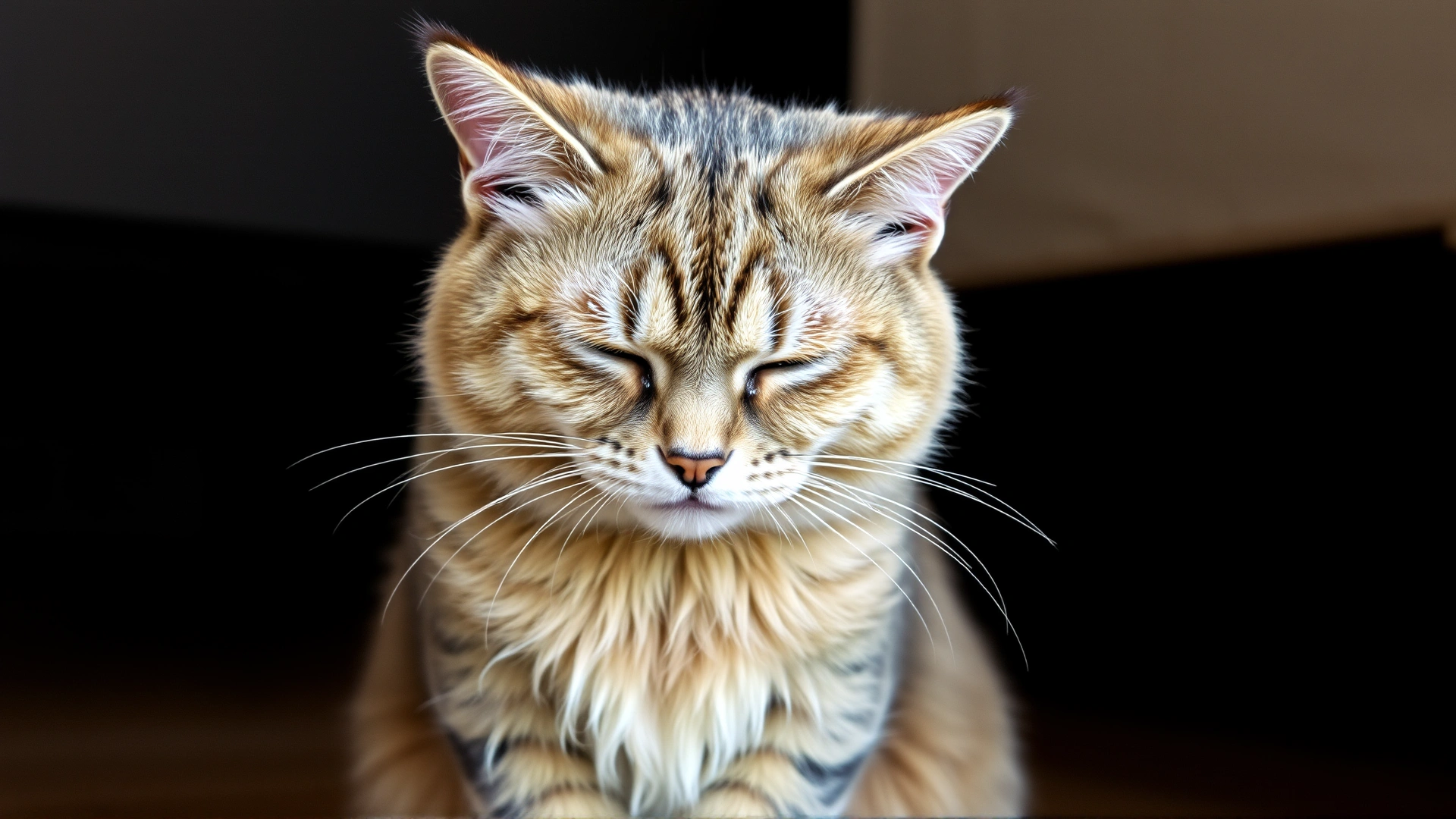 Indoor cat sitting hunched with dull fur and lethargic expression, showing visible abdominal discomfort, no text