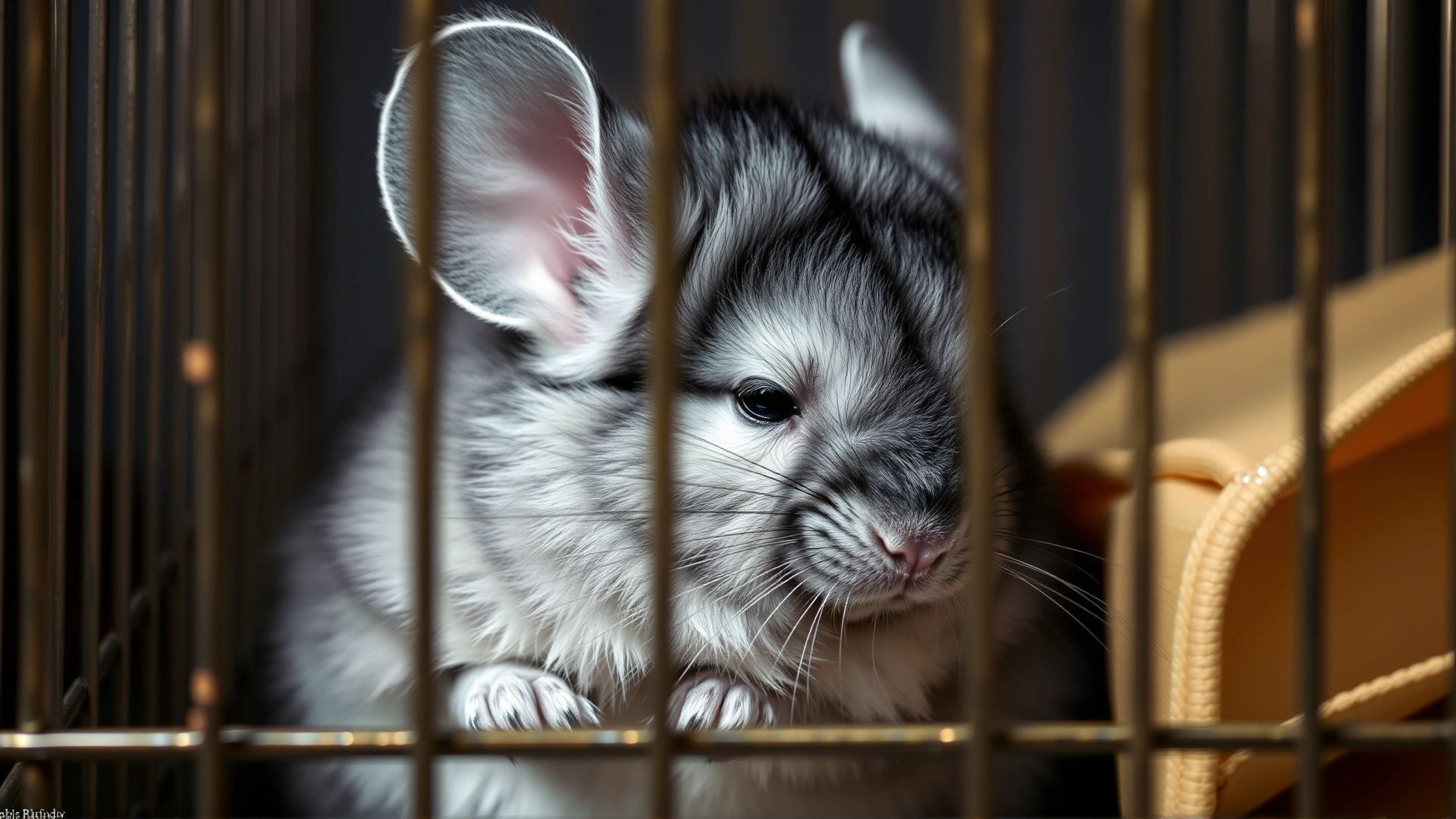 A chinchilla inside its cage looking lethargic with slightly ruffled fur to illustrate illness