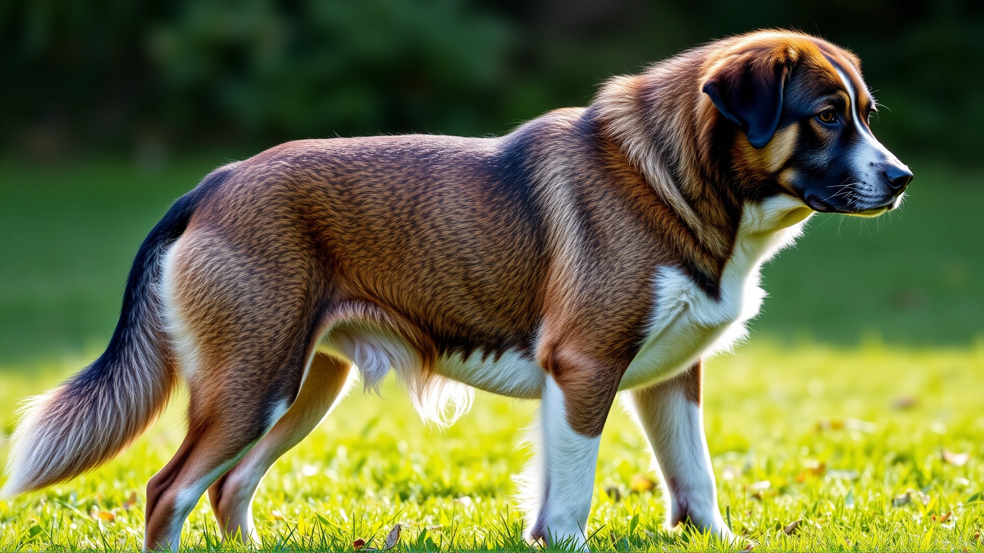 Middle-aged male dog with symmetrical flank hair loss and slightly enlarged nipples standing on grass, daylight, high resolution