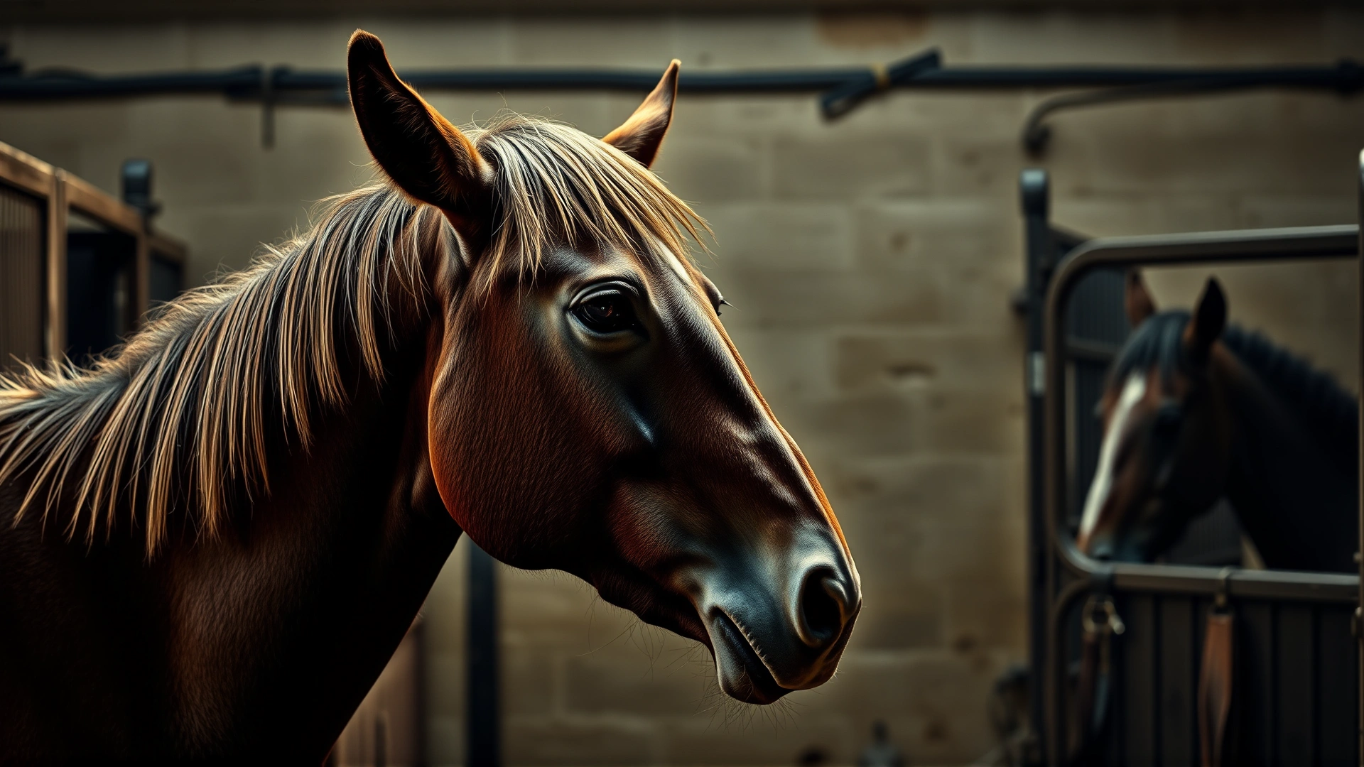 Side profile of a lethargic horse with drooping ears and glazed eyes inside a dim stable, conveying visible symptoms