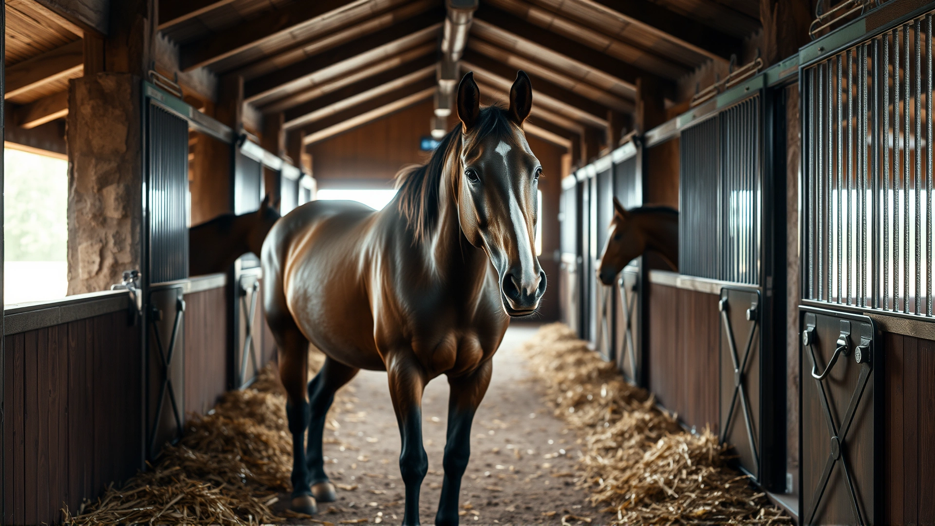A bay horse inside a stable aisle appearing to cough, with straw bedding and soft natural light. No text.