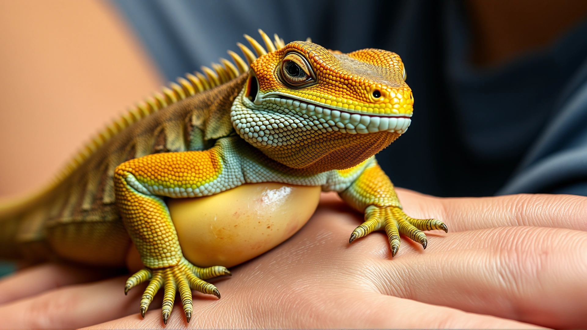 Photo of a lizard with a visibly swollen abdomen resting on its owner’s hand, natural lighting, high detail, no text