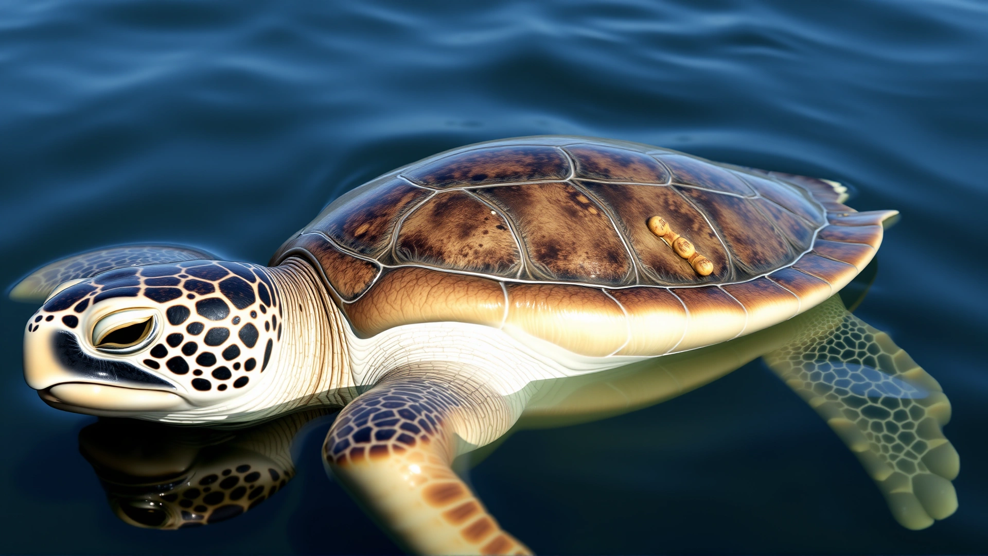 Sea turtle at the water surface with visible small fibropapilloma growths on the skin, captured in soft daylight to illustrate clinical signs.