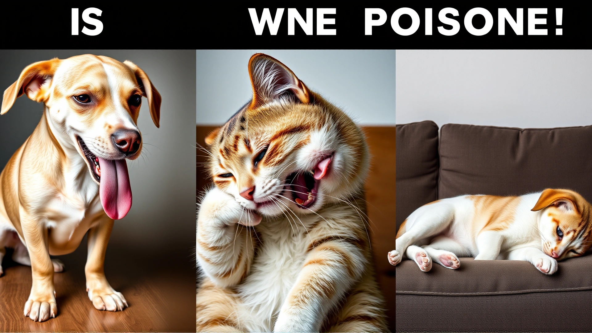 Split-frame collage showing a dog drooling, a cat vomiting, and another pet lethargic on a couch, illustrating signs of poisoning.