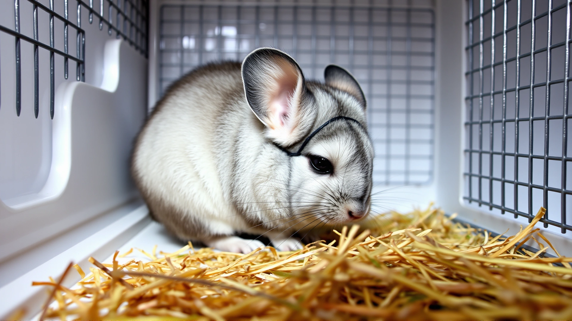 Wide shot of a chinchilla in a hunched posture, appearing lethargic inside a clean cage with visible uneaten hay, soft lighting, no text or graphics