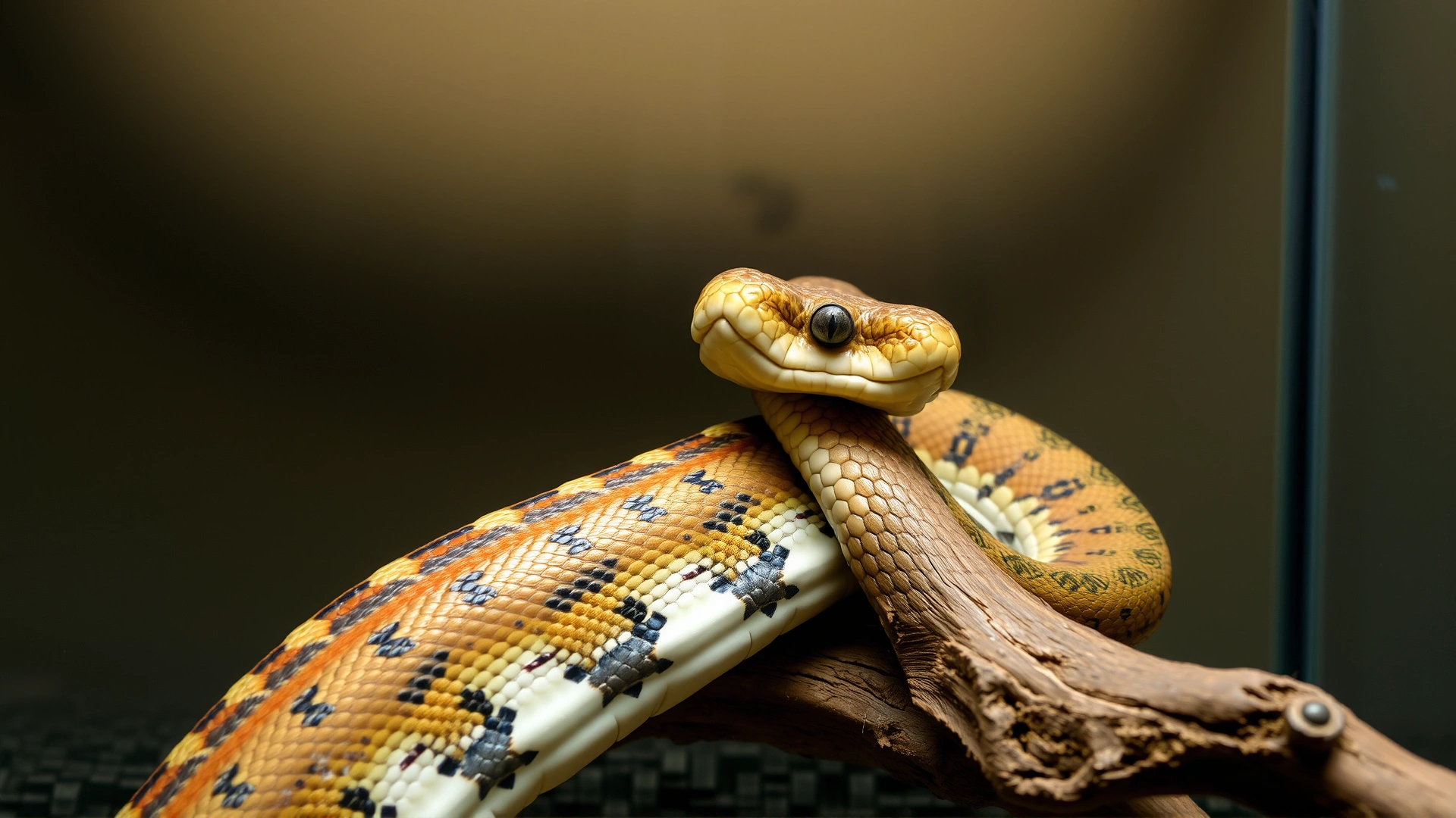 Snake rubbing its body against a rough wooden branch inside a terrarium, demonstrating irritation behavior.