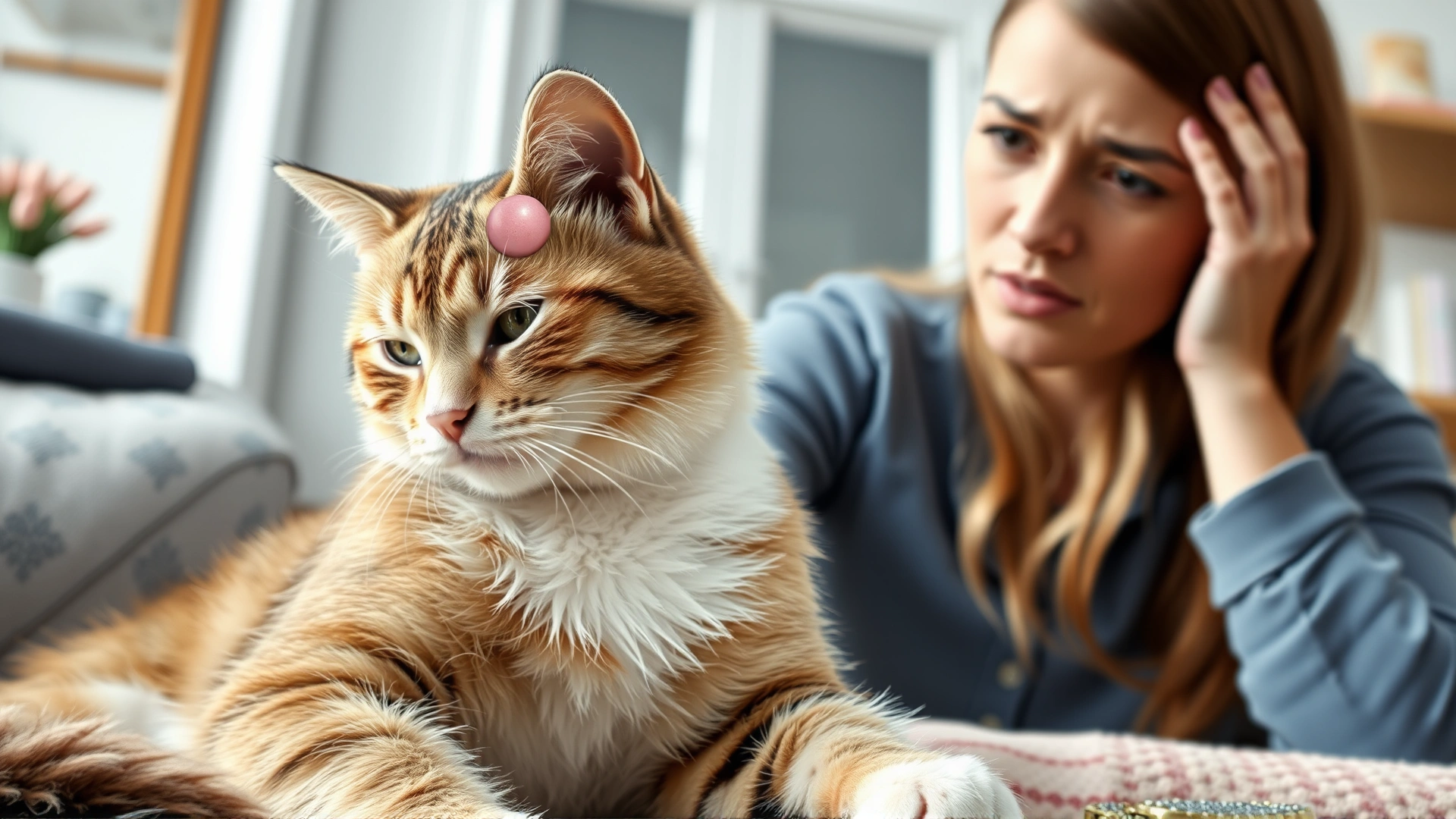 Collage-style image: concerned cat owner noticing a lump on her cat while the cat appears lethargic, set in a cozy home environment.