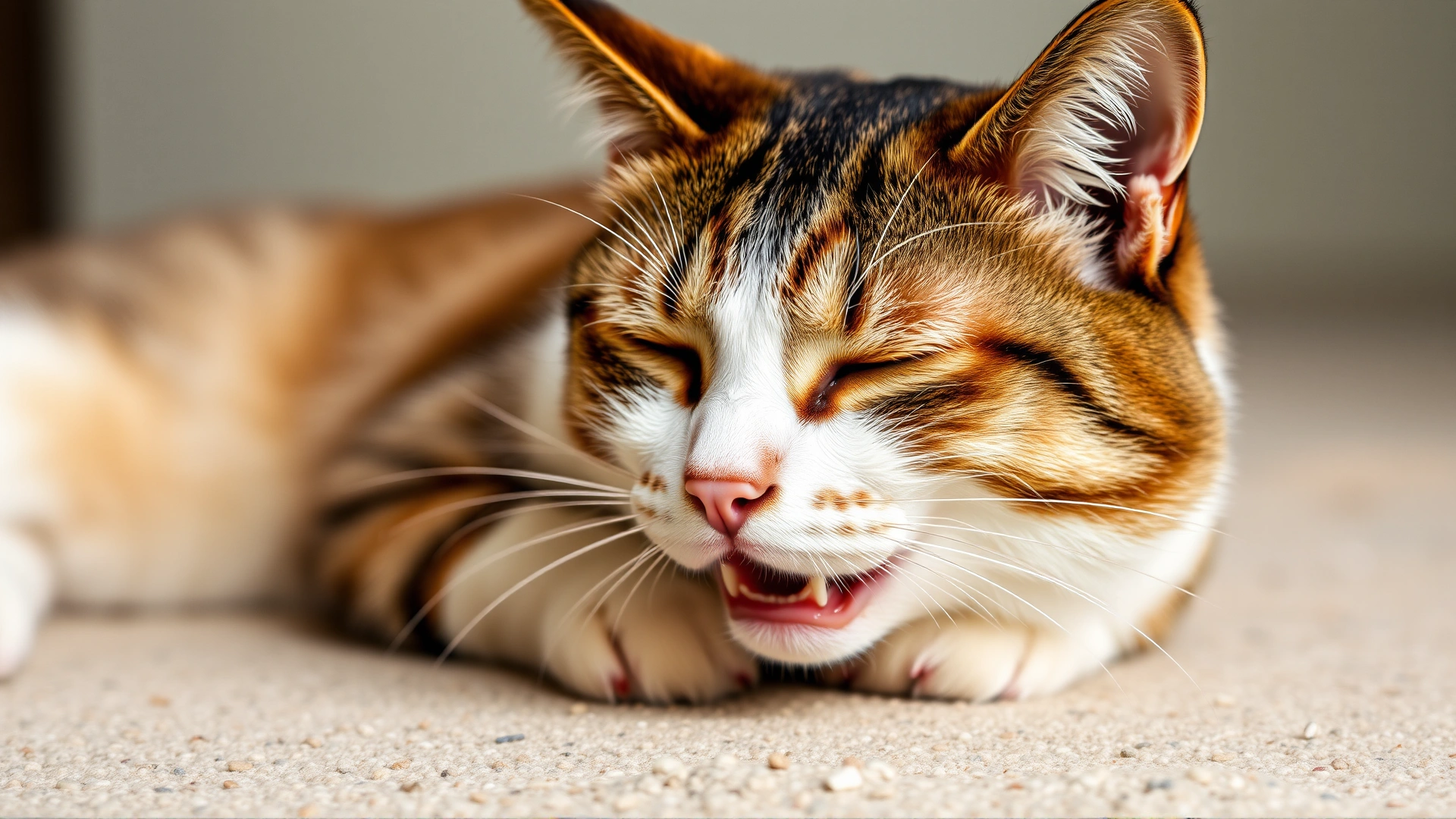 Collage-style shot focusing on a cat showing mild lethargy, breathing with mouth slightly open, highlighting physical signs of illness, neutral background