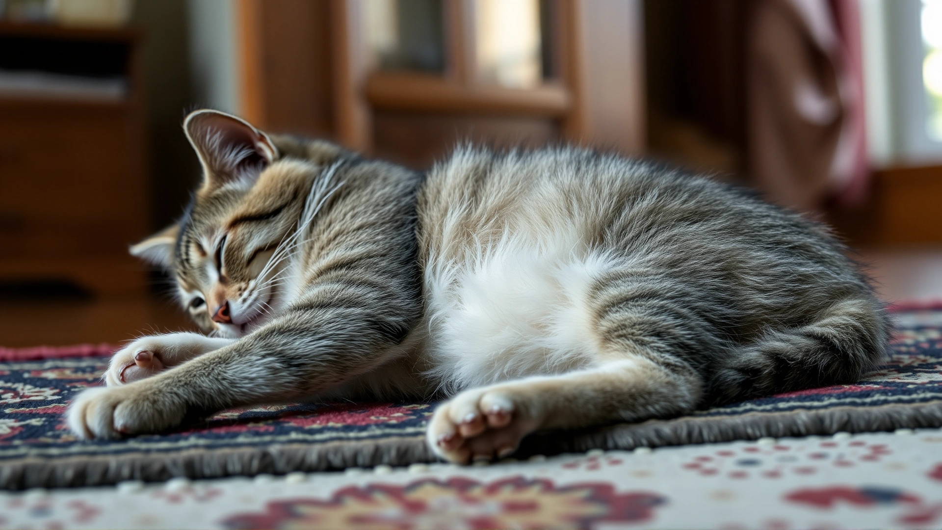 Indoor scene showing a young cat with a visible potbelly and slightly dull fur lying on a cozy rug, soft natural lighting to depict lethargy