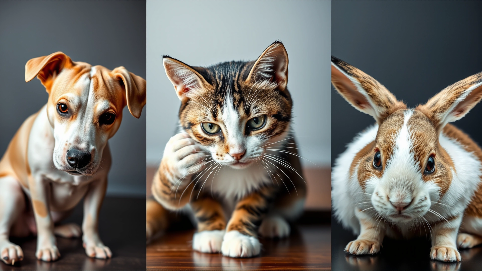 Collage of different pets (dog, cat, rabbit) showing subtle signs of illness such as lethargy, ear scratching, and limping; neutral background