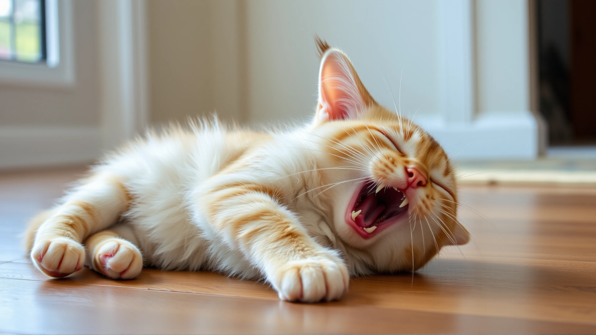 Young spayed cat displaying estrus behavior, rolling on the floor and meowing indoors with natural lighting.