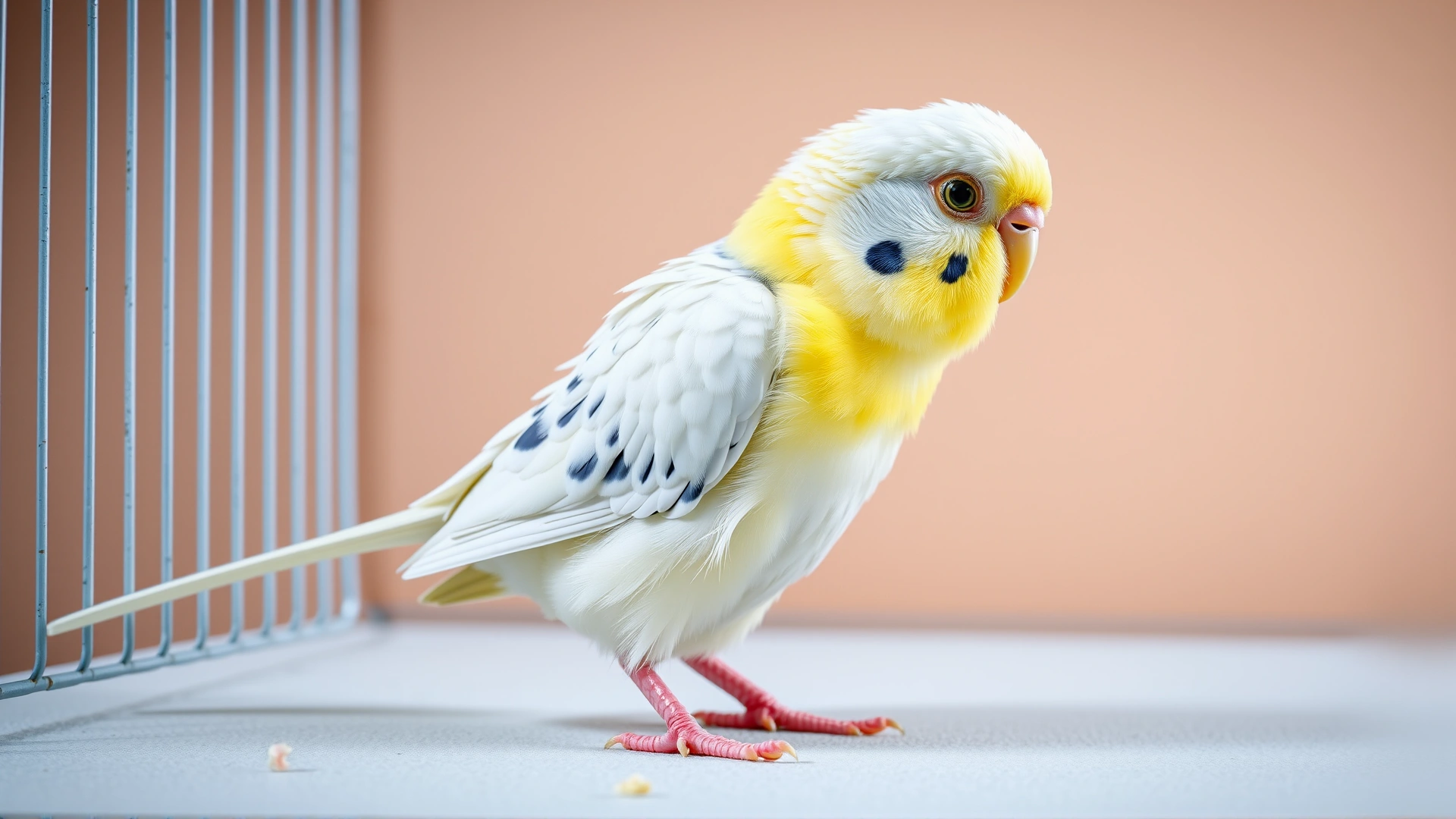 Full-body photo of a budgerigar standing on the cage floor with tail angled downward and feathers puffed up, illustrating typical posture of an egg-bound bird, neutral background, high detail, no text