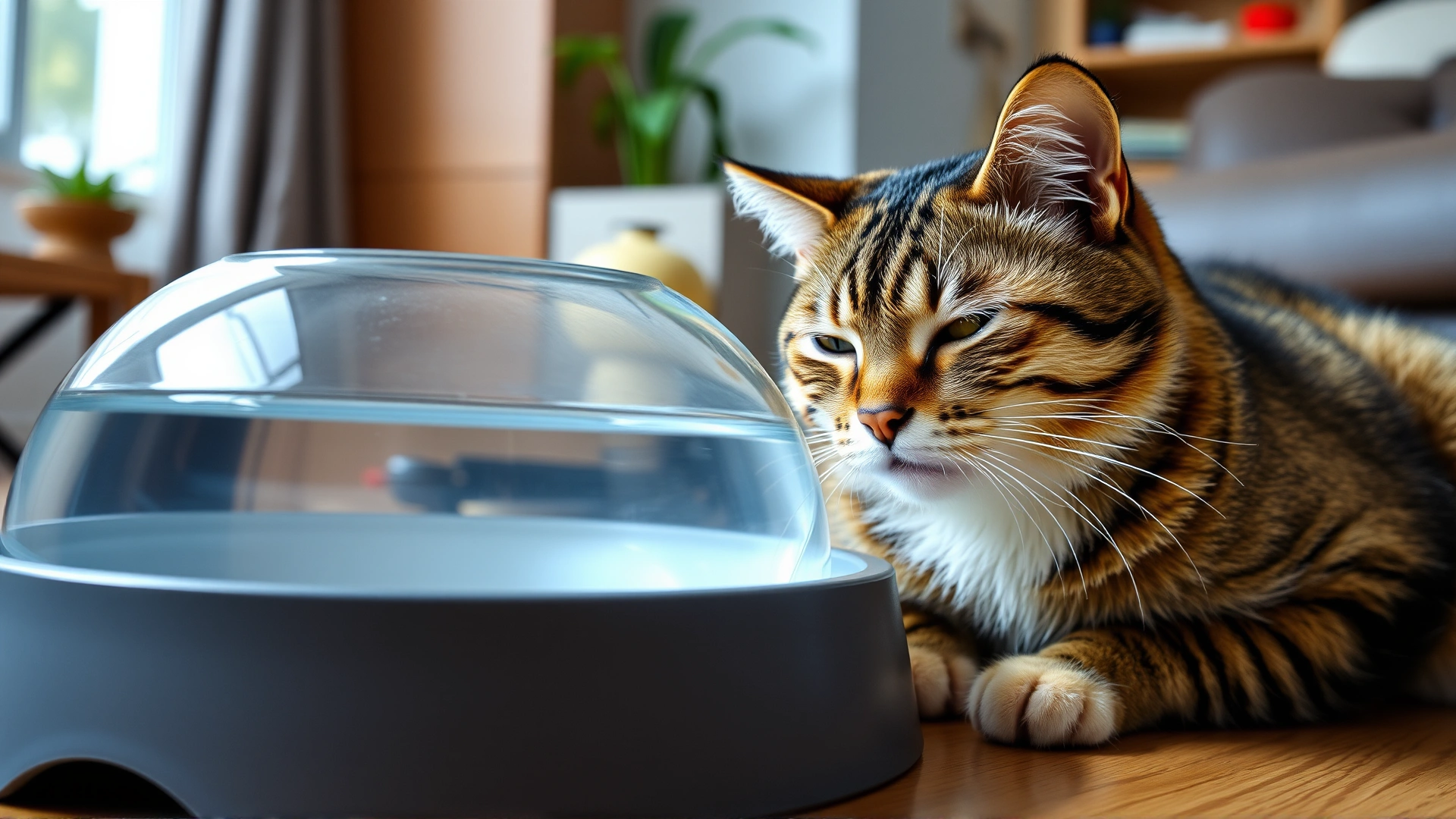 Domestic cat looking lethargic next to an oversized water bowl, indoor home setting