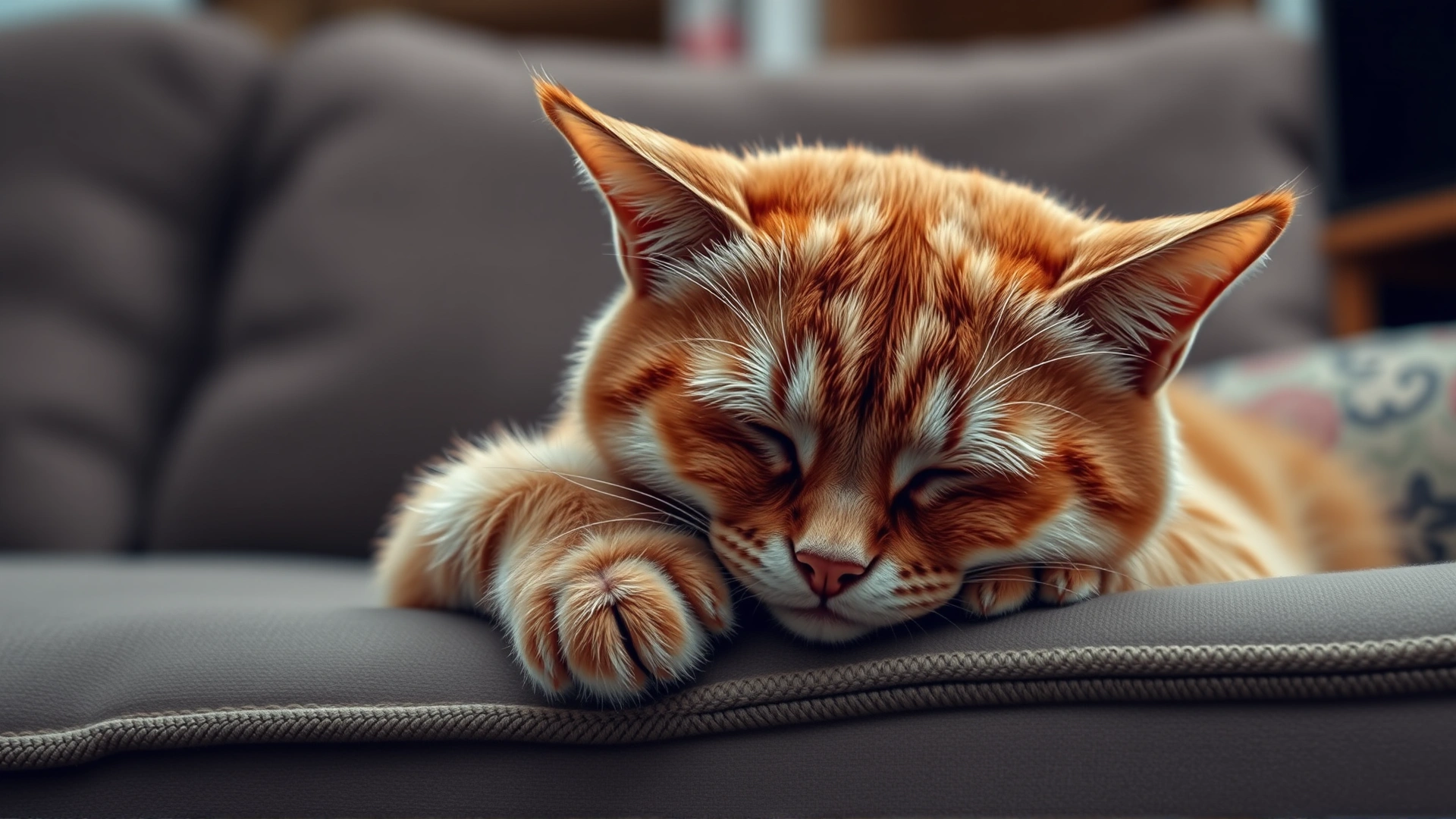 Photo of a lethargic orange cat resting its head on its paws on a living room couch, looking tired and listless.