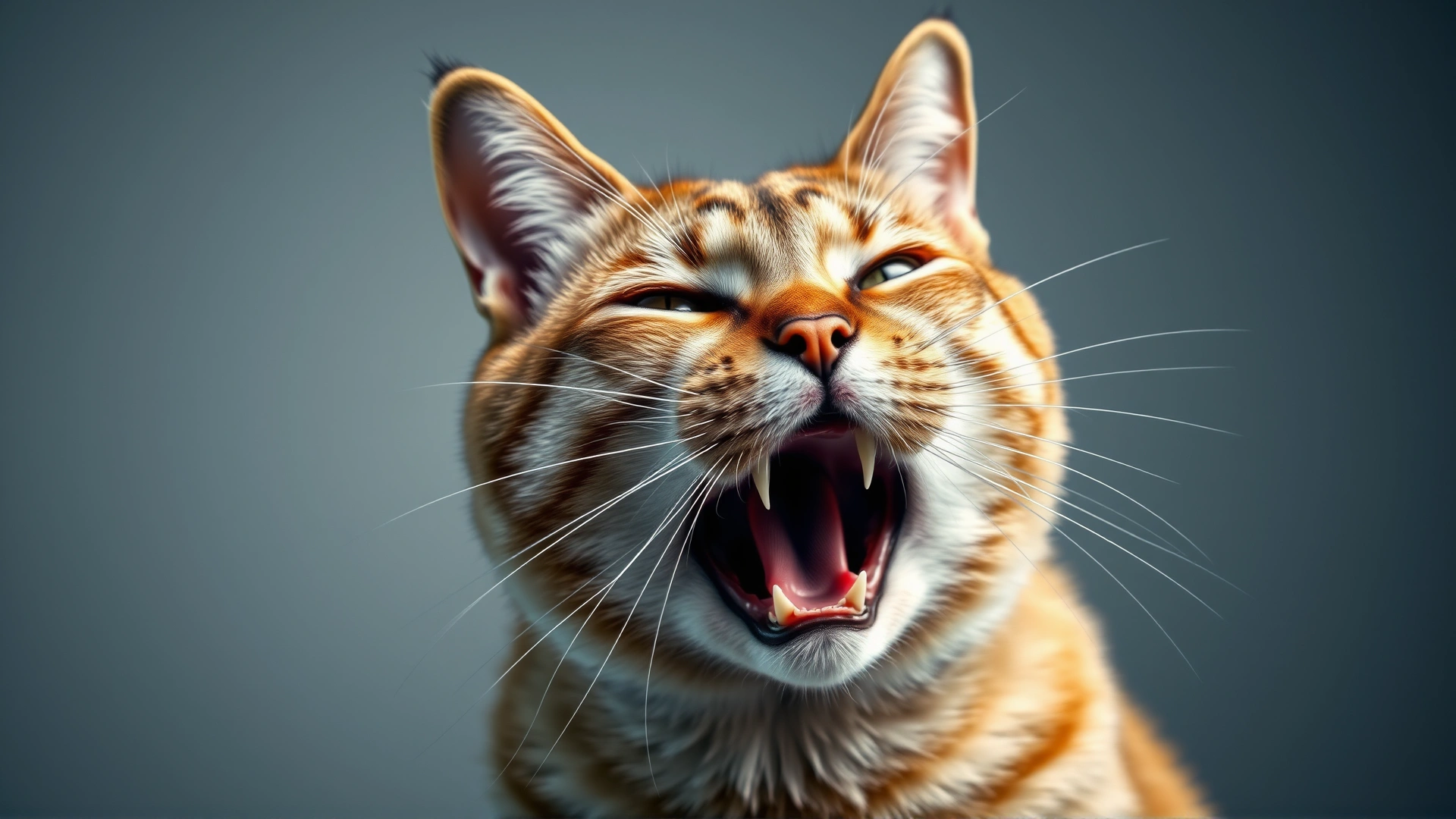 Domestic cat with mouth slightly open and rapid breathing posture, ears pinned back, conveying respiratory distress.