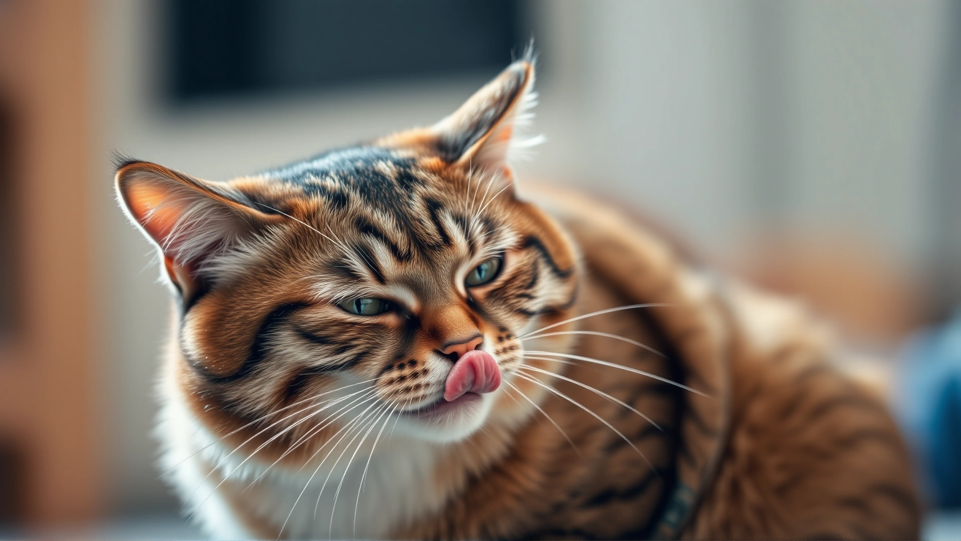 Cat sitting and licking its lips with a slightly uneasy expression, shallow depth of field, soft indoor lighting.