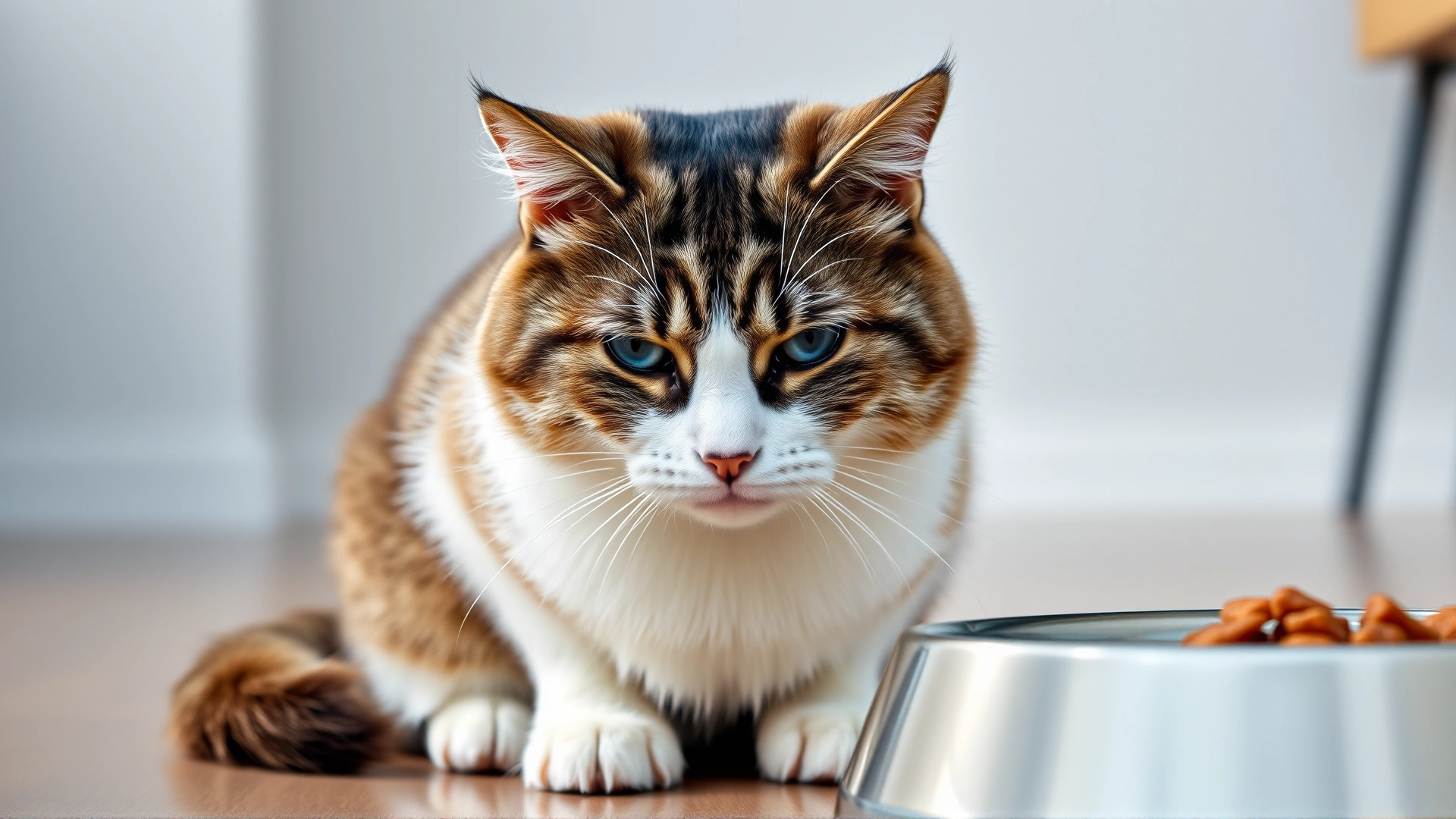 Domestic cat sitting near a food bowl, looking uncomfortable with slight drool at the corner of its mouth, neutral indoor background