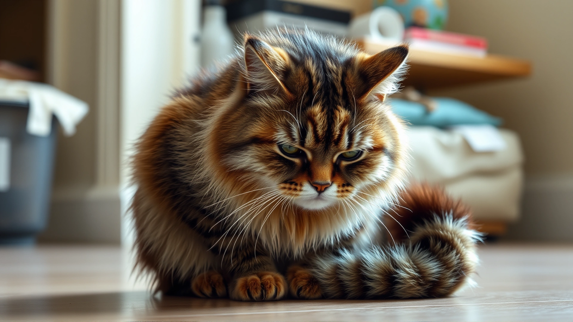 Illustrative photo of a cat sitting with hunched posture and a slightly distressed facial expression, indoor setting