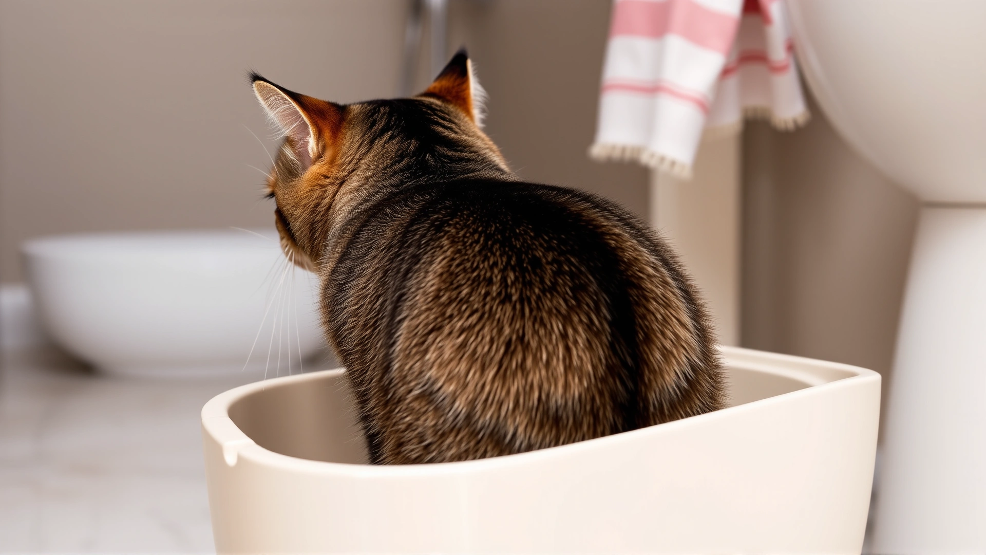 Domestic cat sitting in litter box and looking back at its rear, displaying slight discomfort, neutral home bathroom background, soft lighting.