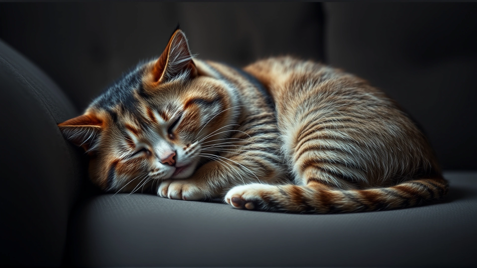 Indoor cat curled up on a sofa looking nauseous and unhappy, low lighting.