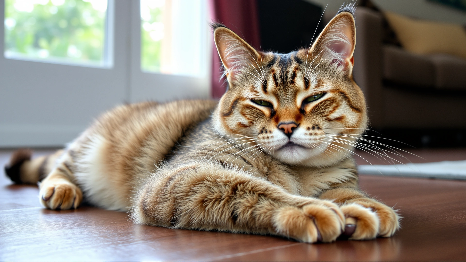 Photograph of a middle-aged domestic cat looking lethargic, dull coat, lying down on a living room floor, natural light.