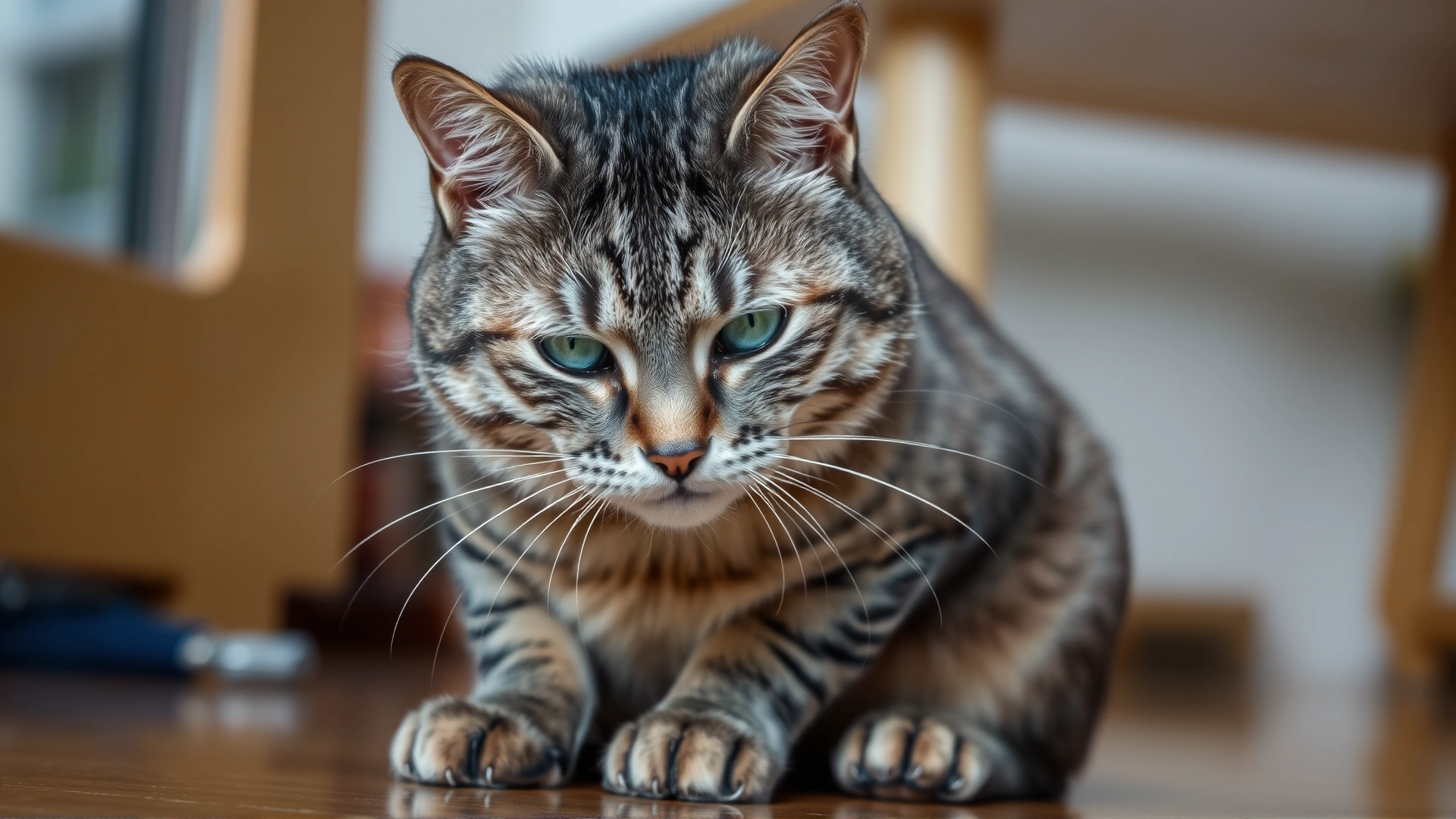 Photo of a grey tabby cat sitting with tense muscles and slight tremor, looking distressed indoors.