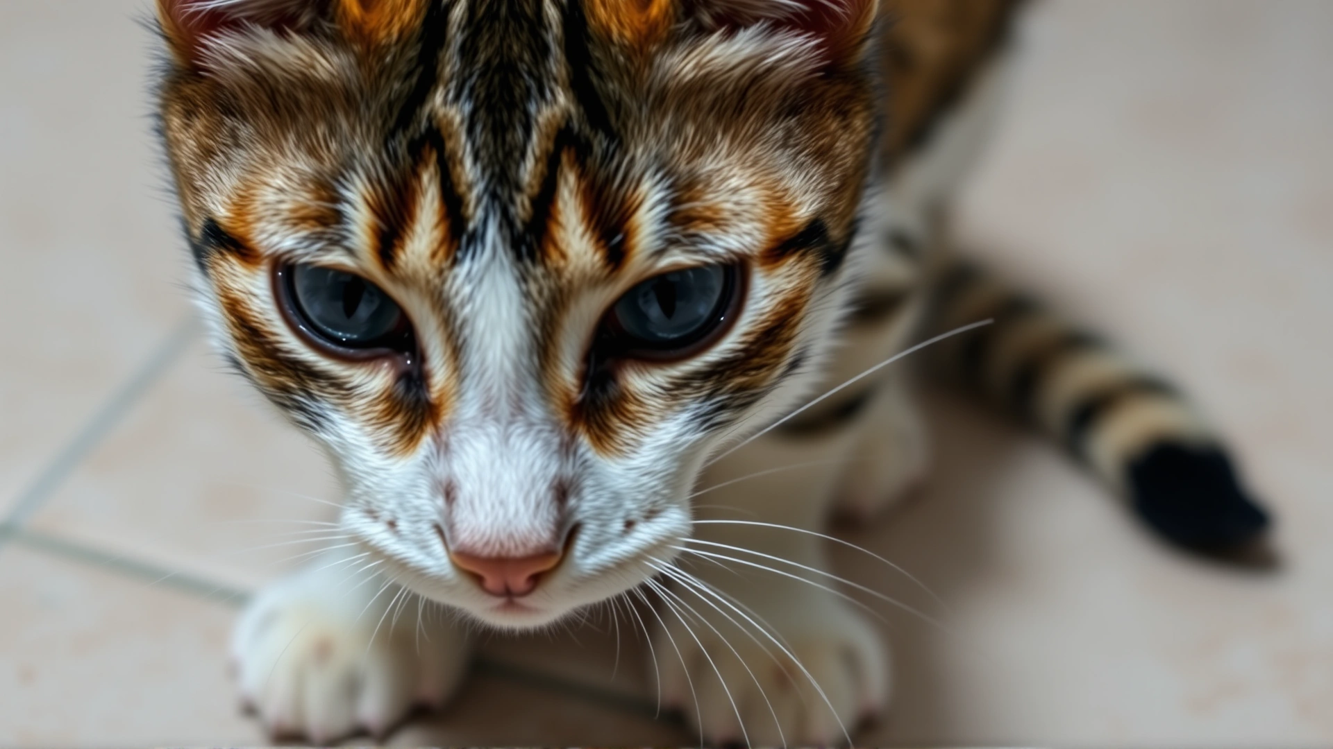 Close-up portrait of a cat with dilated pupils and slightly unstable stance on a tiled floor, conveying neurological disorientation.