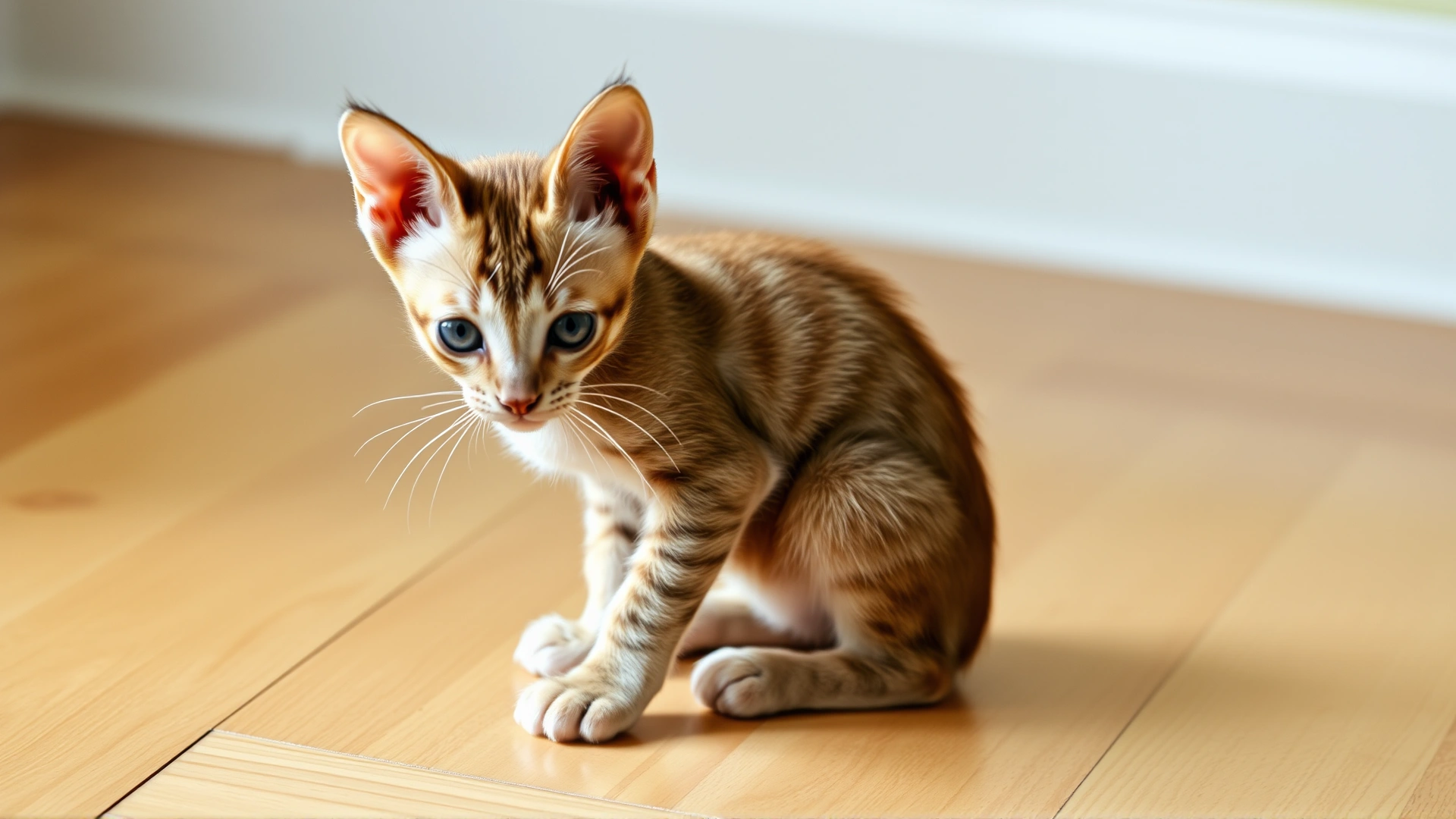Young tailless Manx kitten sitting with hind legs slightly splayed on a wooden floor, soft natural light, no text