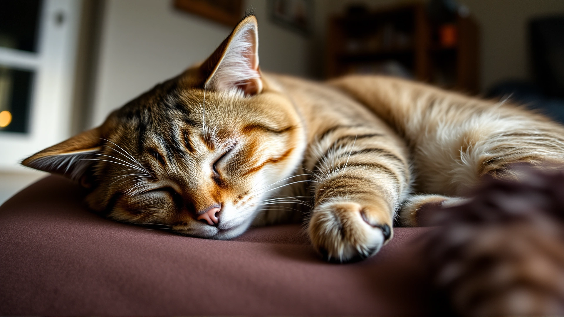 Sick-looking domestic short-haired cat lying on a cushion inside a home, half-closed eyes conveying lethargy, warm indoor lighting.