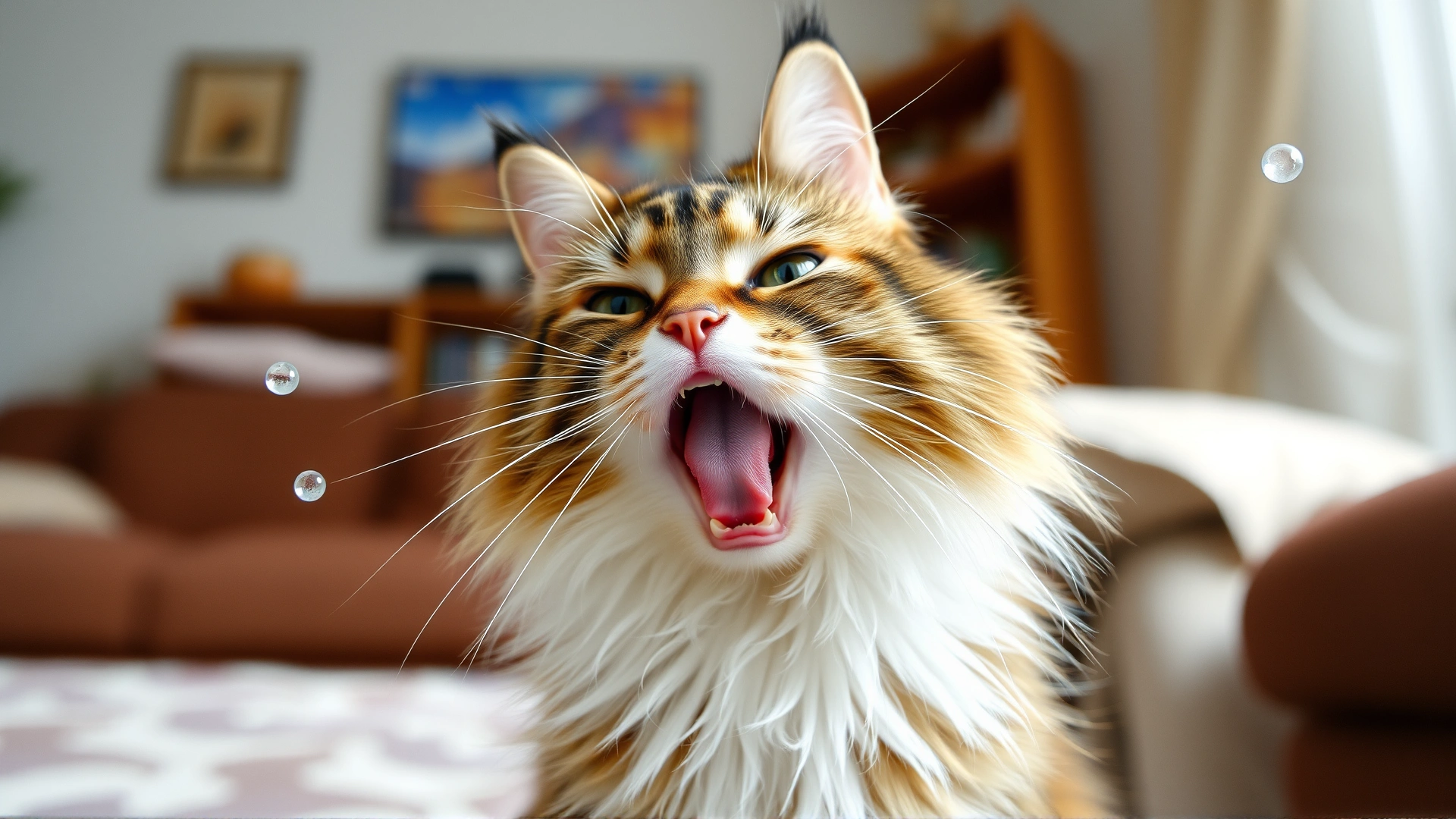 Domestic long-haired cat captured mid-sneeze with visible droplets, set in a cozy living room background.