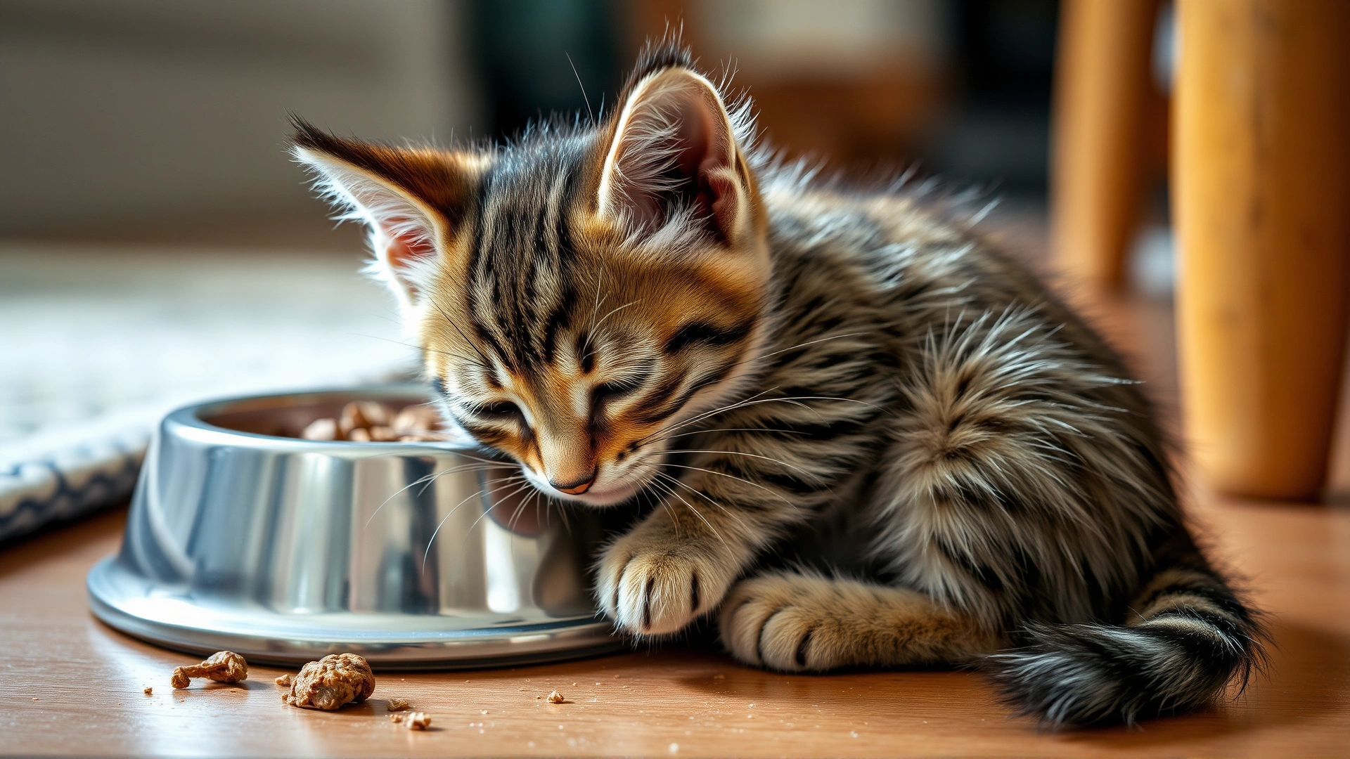 Small tabby kitten looking lethargic near food bowl, with slight mess around indicating diarrhea, soft natural lighting in home environment.