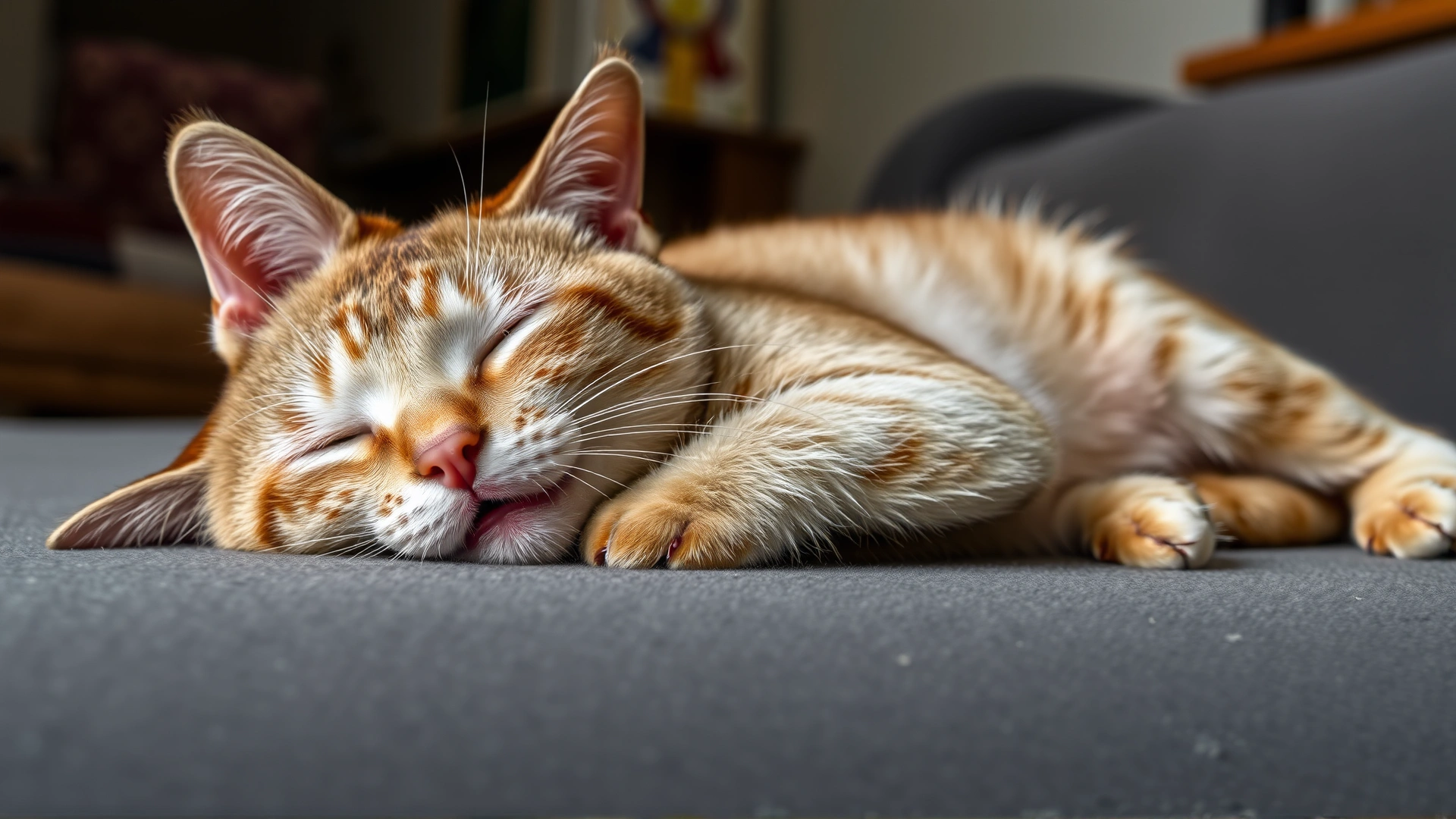 Domestic shorthair cat lying lethargically on a couch, pale gums visible as the cat slightly opens its mouth, soft indoor lighting, cozy environment, no text.