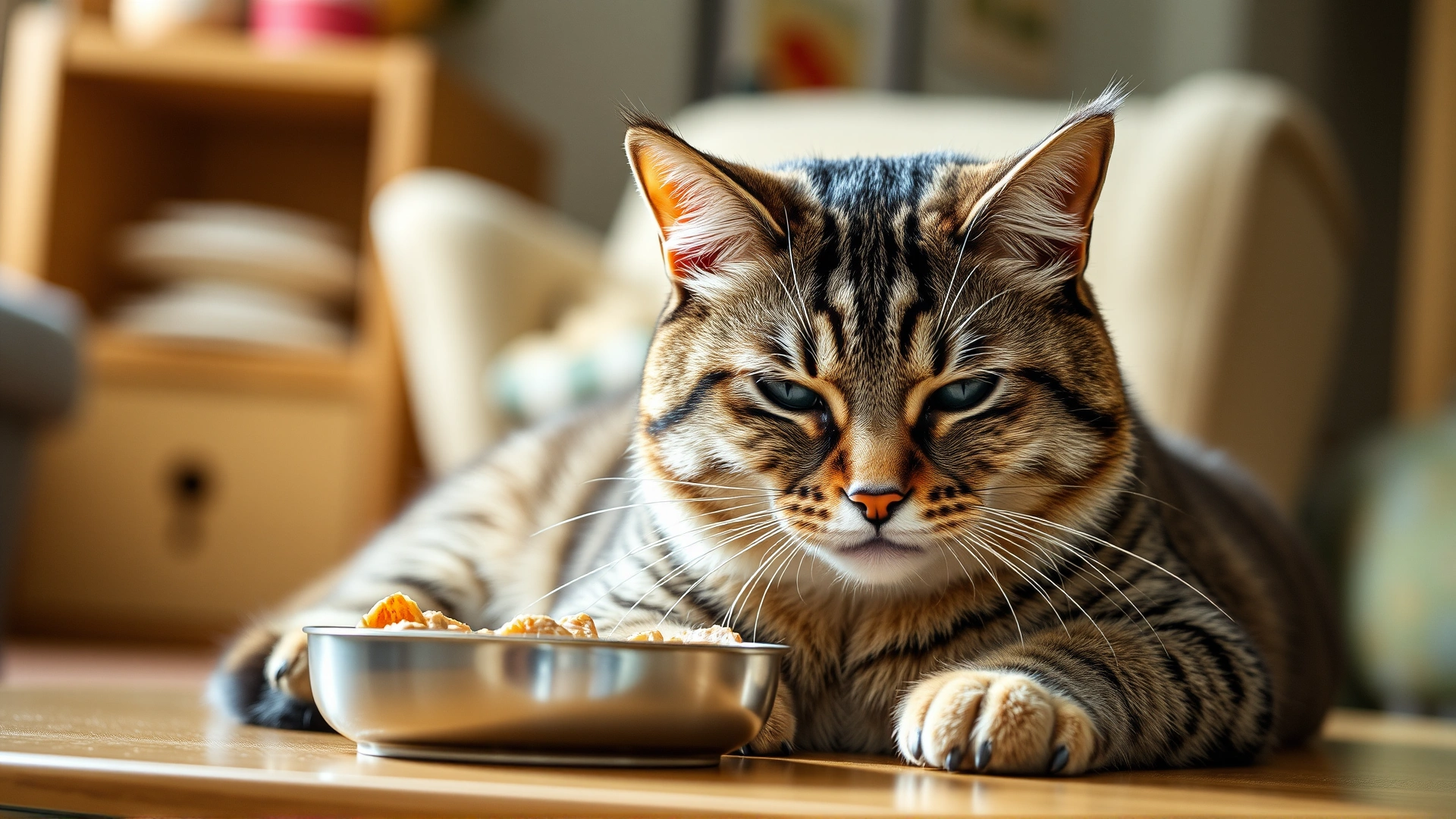 Domestic short-haired cat looking lethargic and refusing food in a cozy home setting, soft natural lighting.