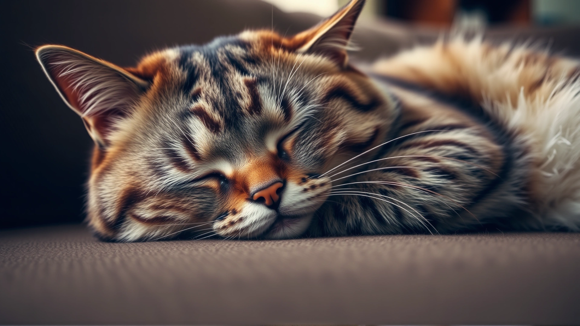 Domestic cat lying lethargically on a couch, eyes half-closed and ears slightly back, conveying weakness; soft indoor lighting.