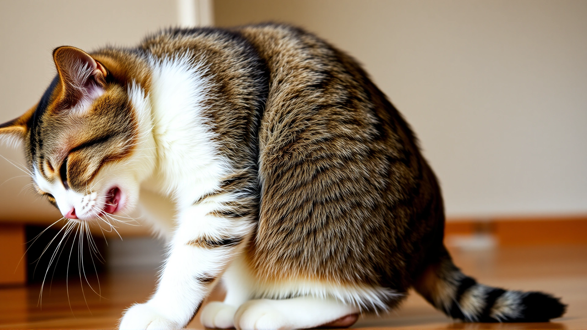 Side view of a cat licking an inflamed hind leg joint, depicting discomfort, indoor setting with neutral background