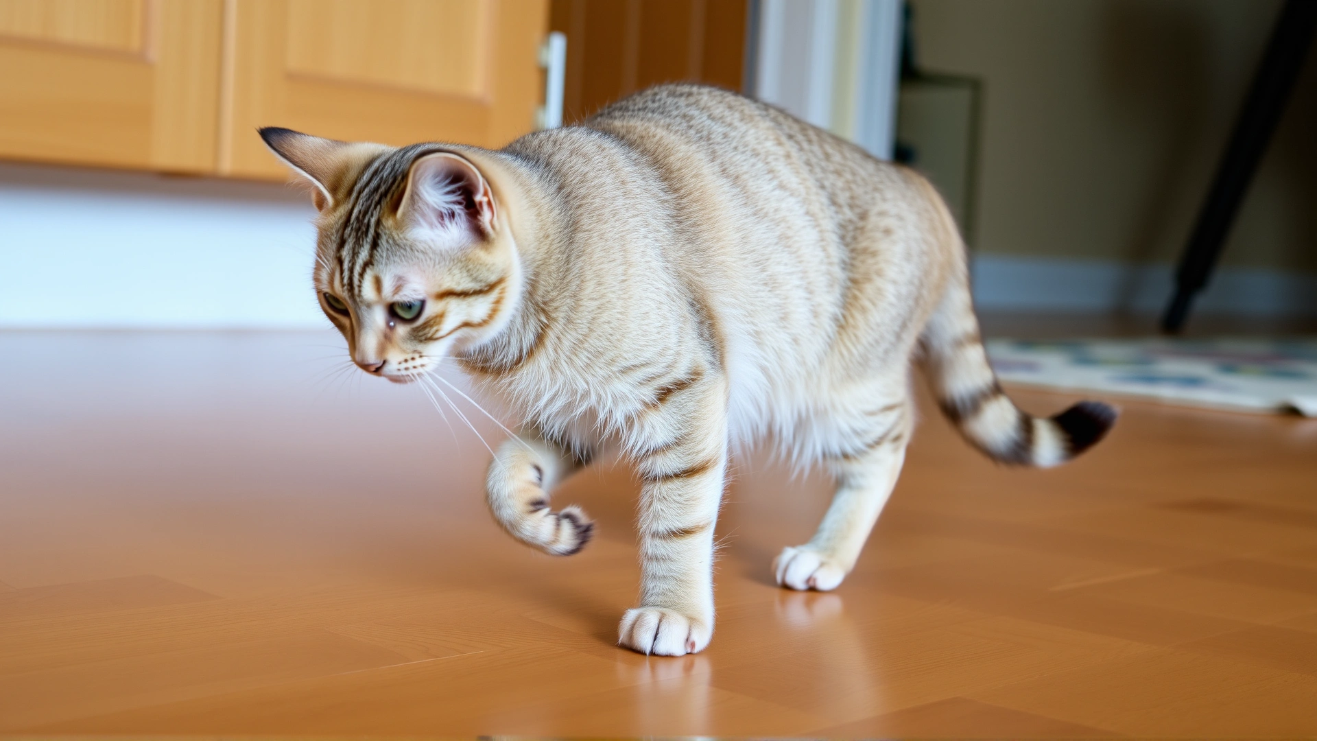 Photo of a domestic short-hair cat limping and holding up its rear leg while walking on a hardwood floor