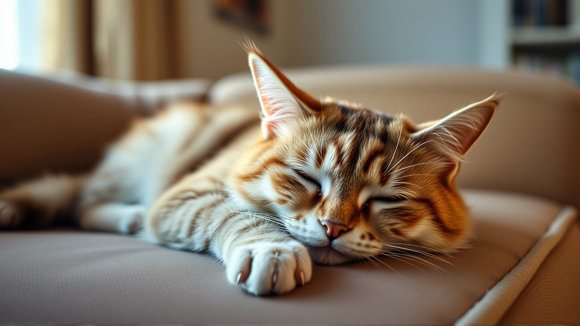 Domestic cat lying lethargically on a sofa, half-closed eyes, looking unwell, warm indoor lighting, realistic.