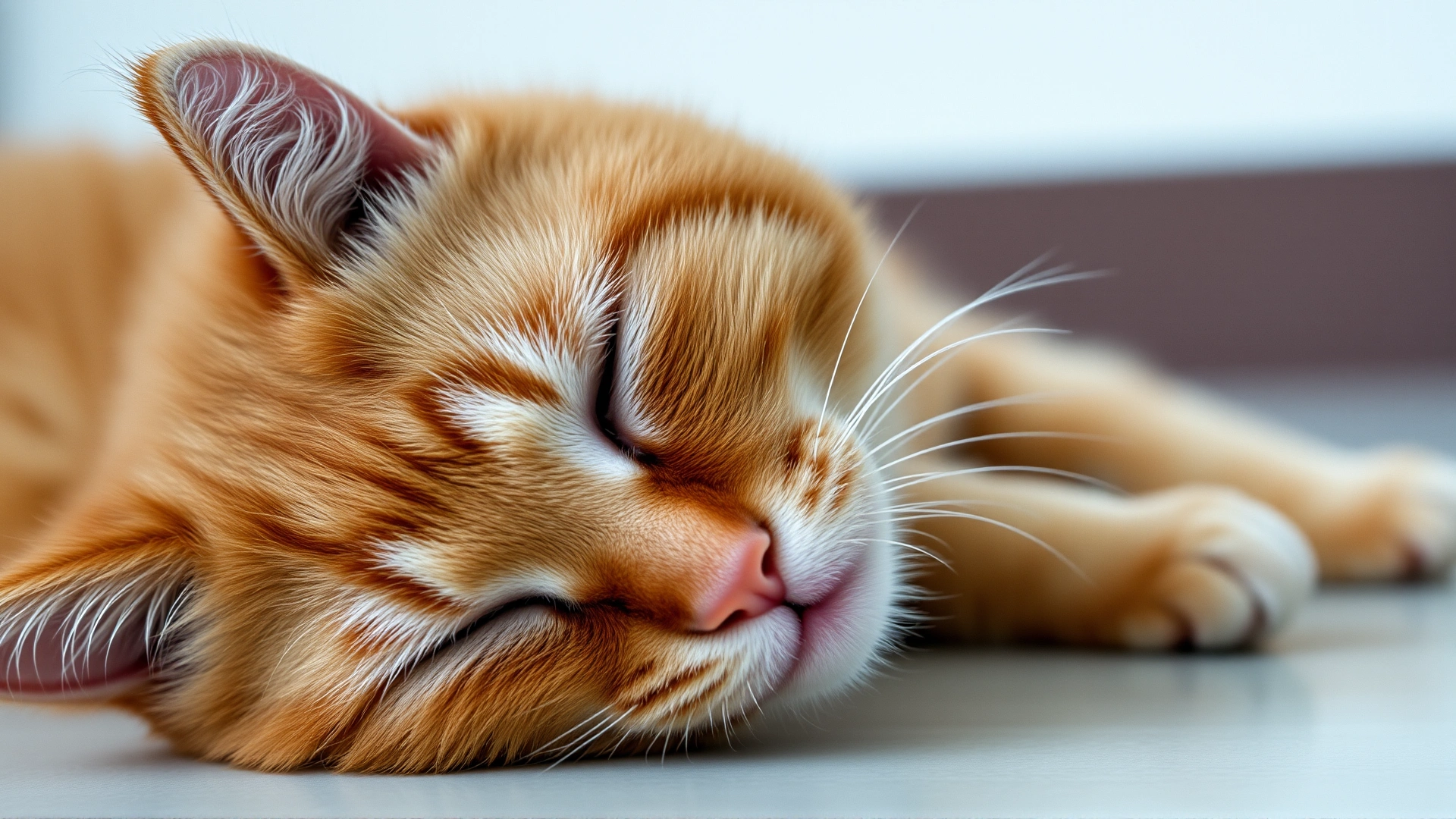 Medium shot of a ginger cat lying on its side looking lethargic with half-closed eyes, slightly drooling, soft indoor lighting, no background distractions