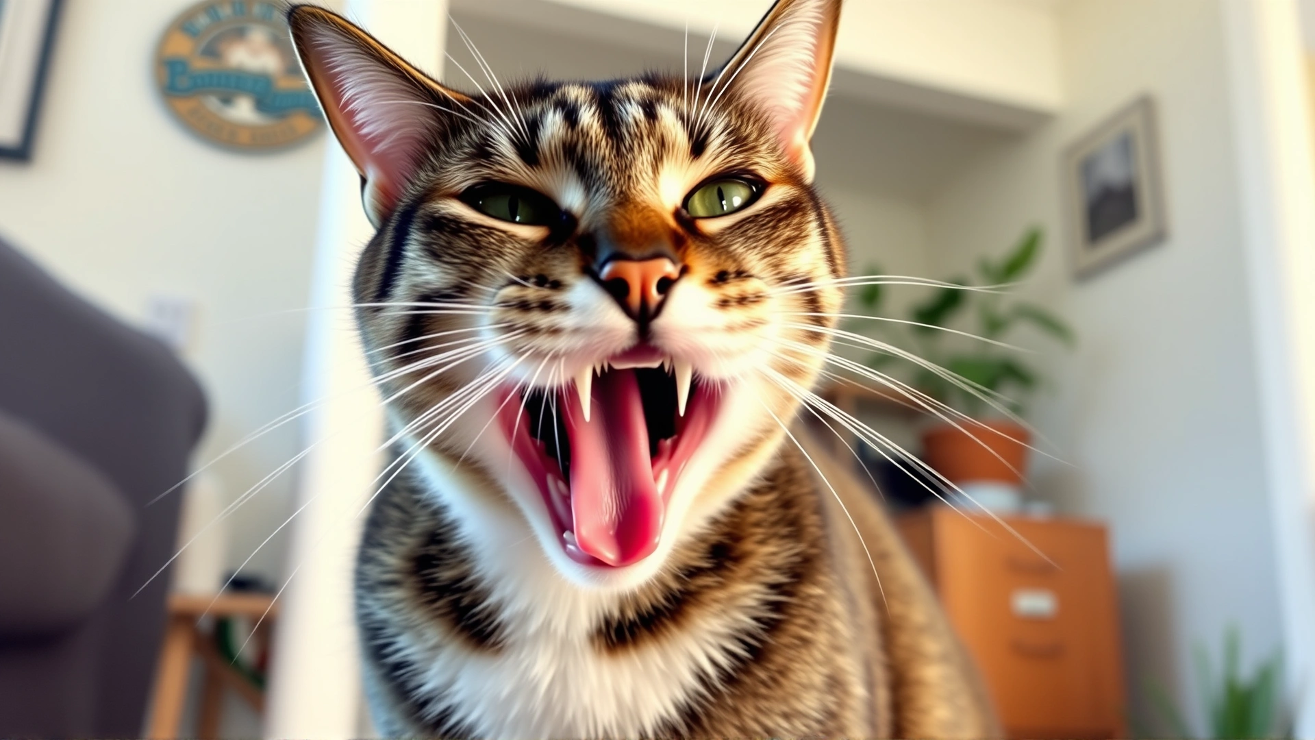 Domestic shorthair cat with mouth slightly open, drooling, and visible difficulty closing jaw; indoor home setting, natural light