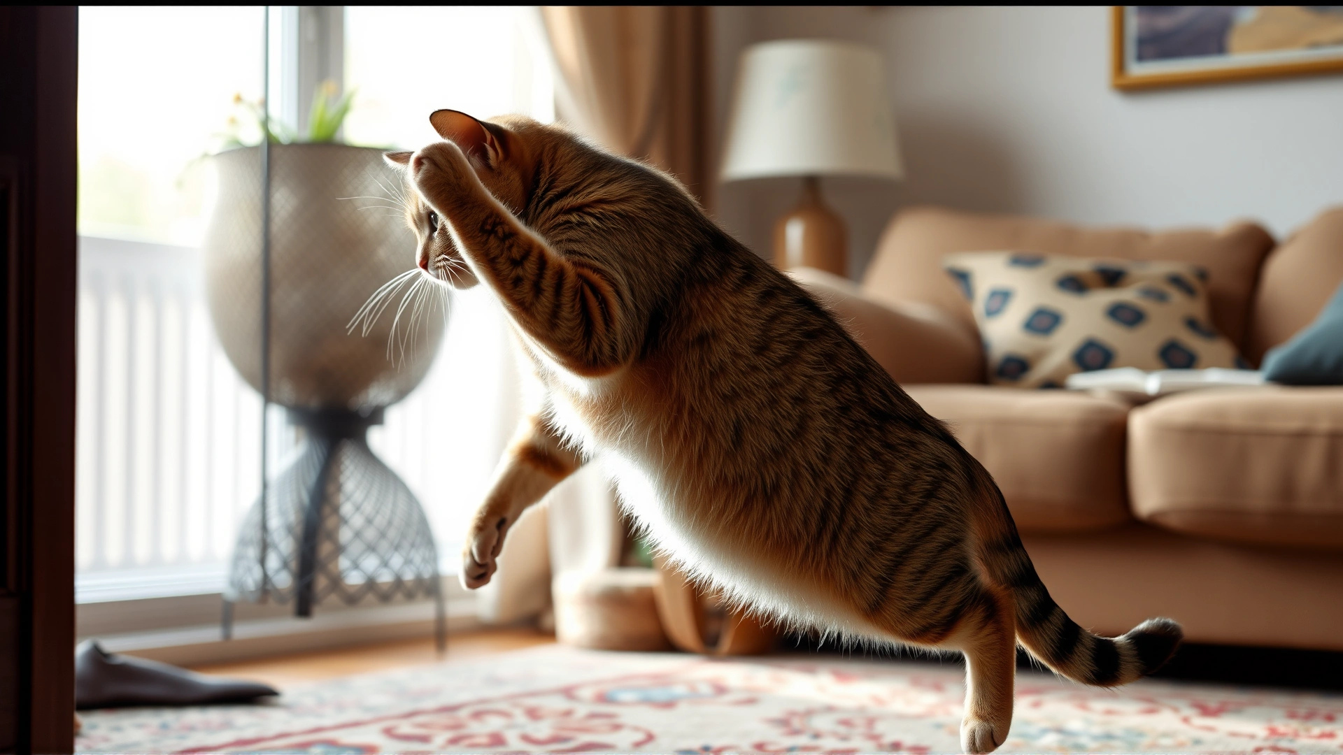 Domestic cat hesitating to jump, back legs appearing weak, in a cozy living room, natural light