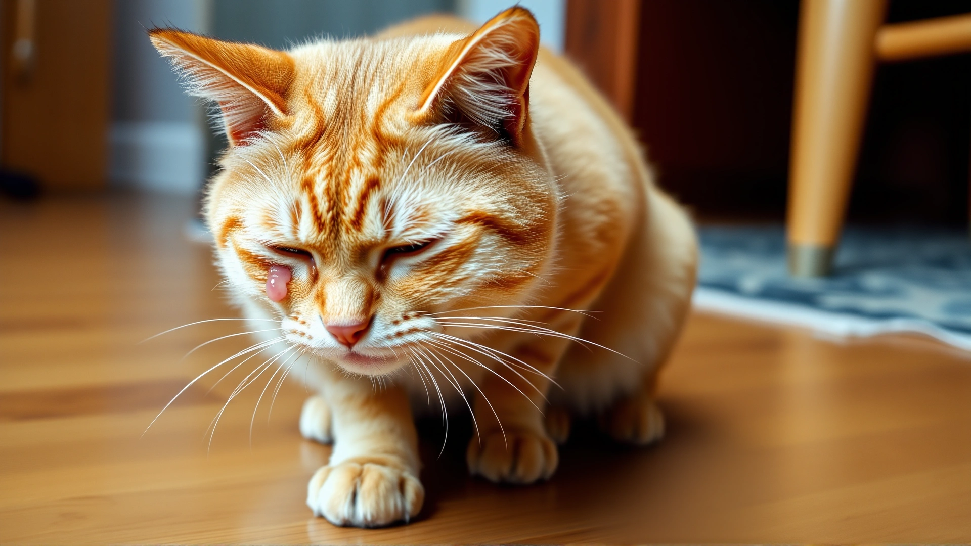 Medium shot of a ginger cat drooling slightly with half-closed eyes, sitting unsteadily on a hardwood floor, illustrating illness symptoms.